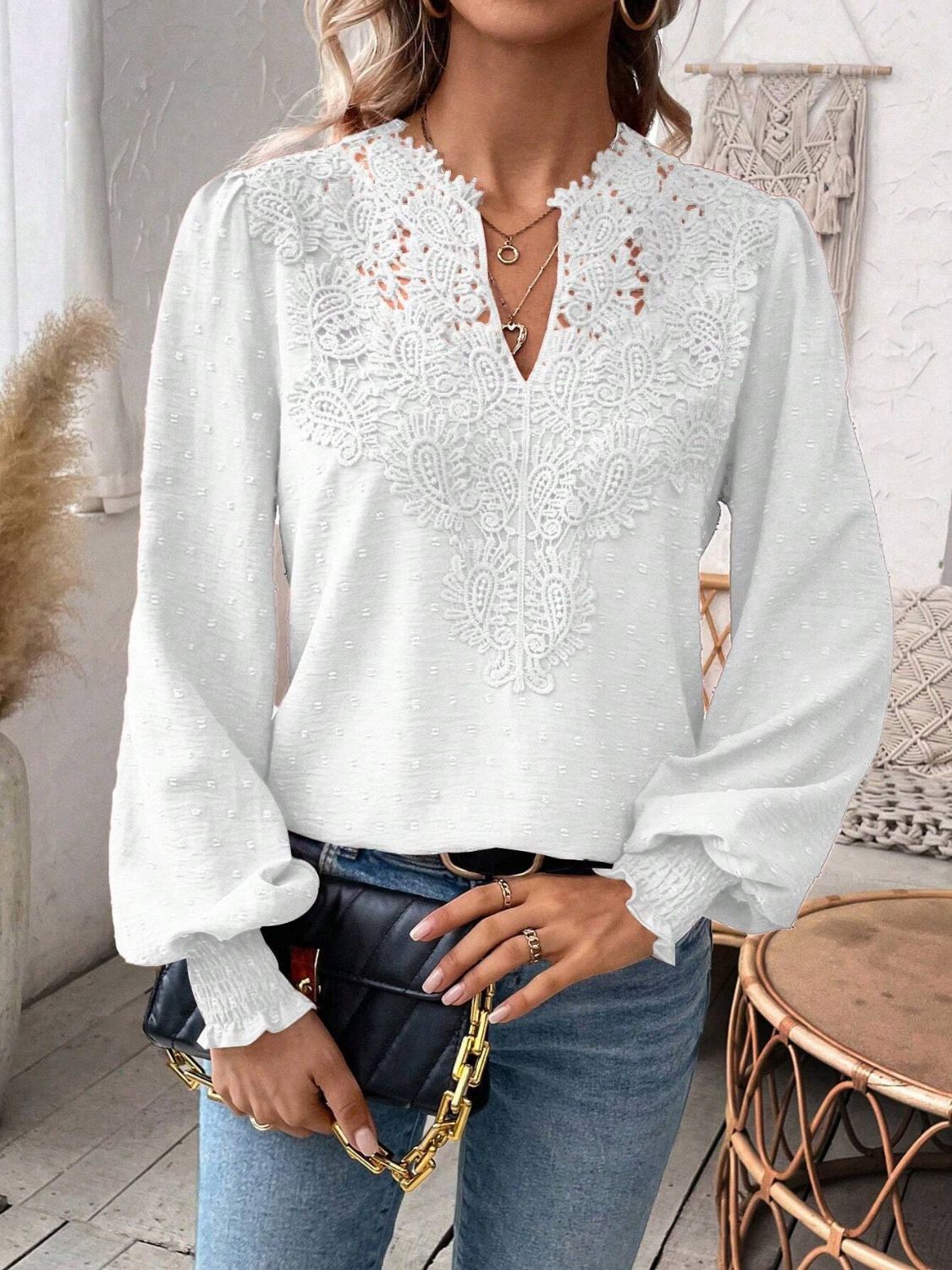 Swiss Dot Lace Detail Notched Long Sleeve Blouse-TOPS / DRESSES-[Adult]-[Female]-2022 Online Blue Zone Planet