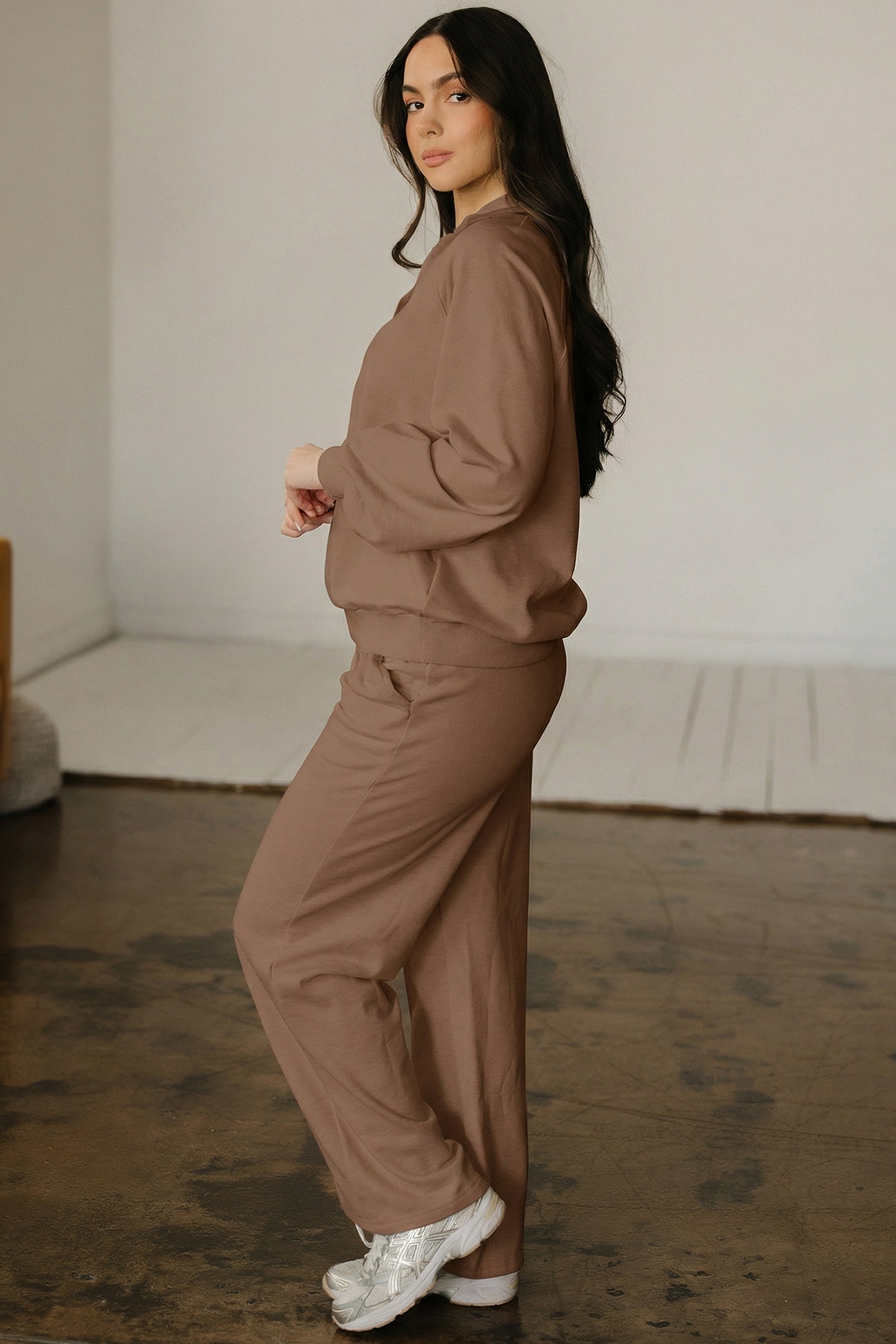 Dark Khaki Polo Collar V Neck Pullover and Drawstring Sweatpants Set-Two Piece Sets/Pant Sets-[Adult]-[Female]-2022 Online Blue Zone Planet