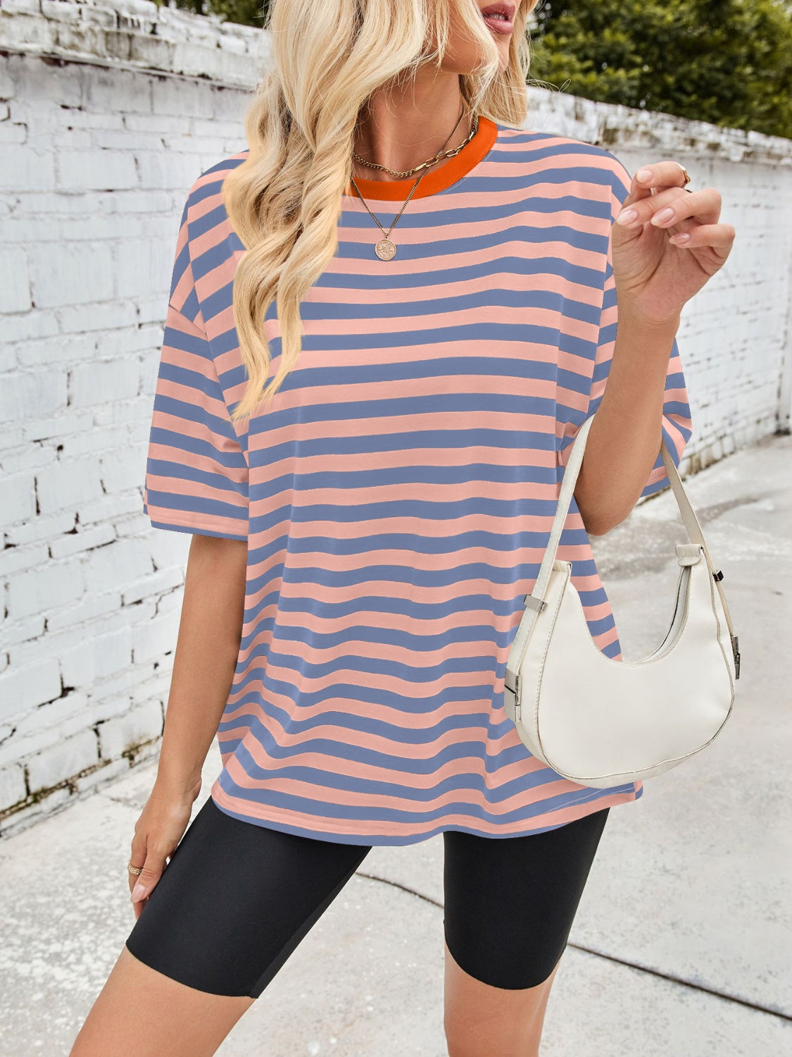 Lovelet Striped Round Neck Half Sleeve T-Shirt-TOPS / DRESSES-[Adult]-[Female]-Dusty Blue-S-2022 Online Blue Zone Planet