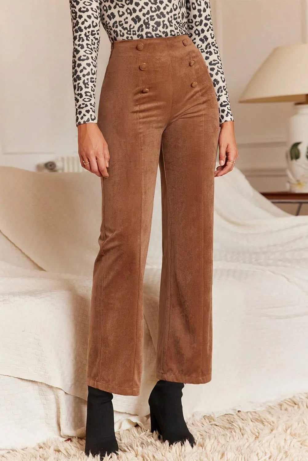 Decorative Button Straight Leg Pants-BOTTOMS SIZES SMALL MEDIUM LARGE-[Adult]-[Female]-Caramel-S-2022 Online Blue Zone Planet