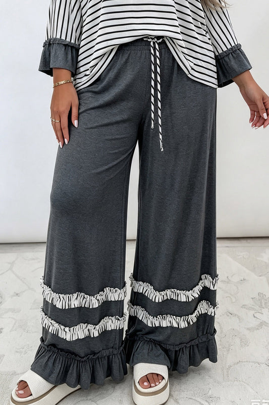 Dark Grey Tiered Ruffled Casual Plus Size Wide Leg Pants-Plus Size/Plus Size Bottoms-[Adult]-[Female]-Dark Grey-1X-2022 Online Blue Zone Planet