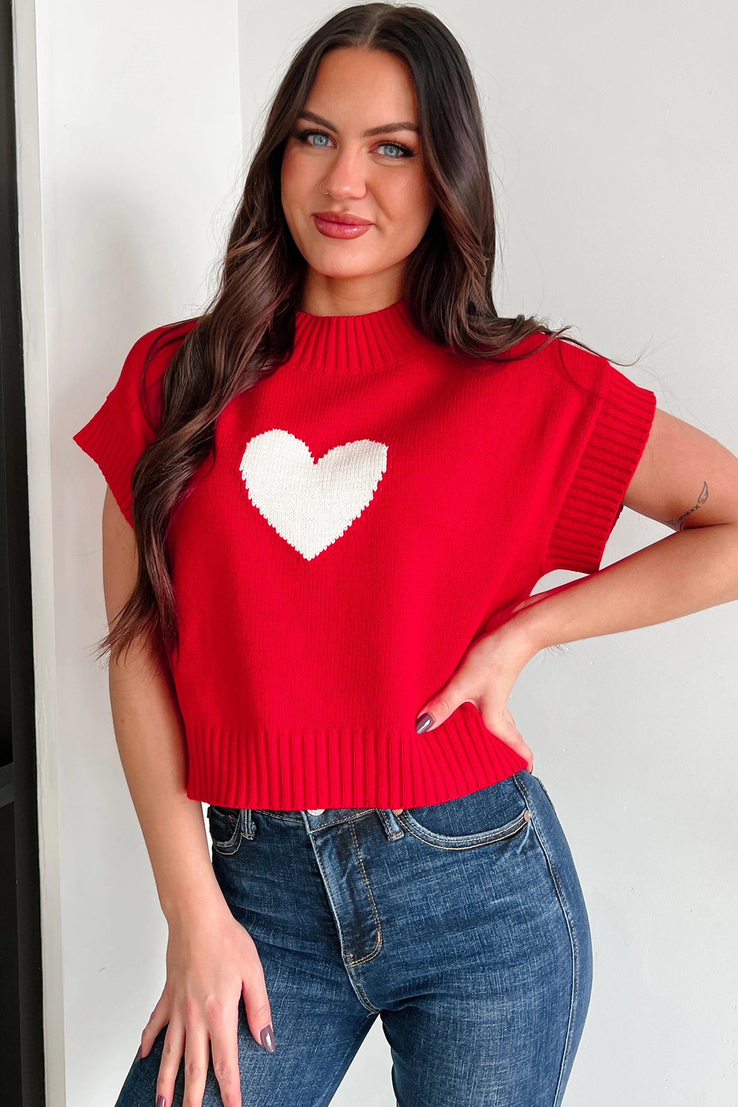 Fiery Red Valentine Heart Graphic Cropped Short Sleeve Sweater-TOPS / DRESSES-[Adult]-[Female]-2022 Online Blue Zone Planet