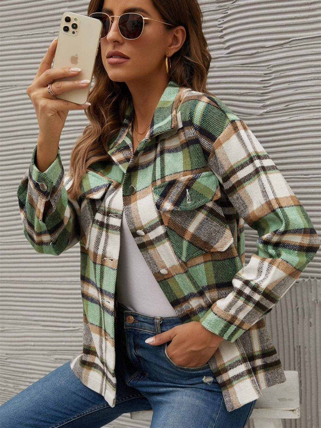 Plaid Collared Neck Long Sleeve Jacket-TOPS / DRESSES-[Adult]-[Female]-2022 Online Blue Zone Planet