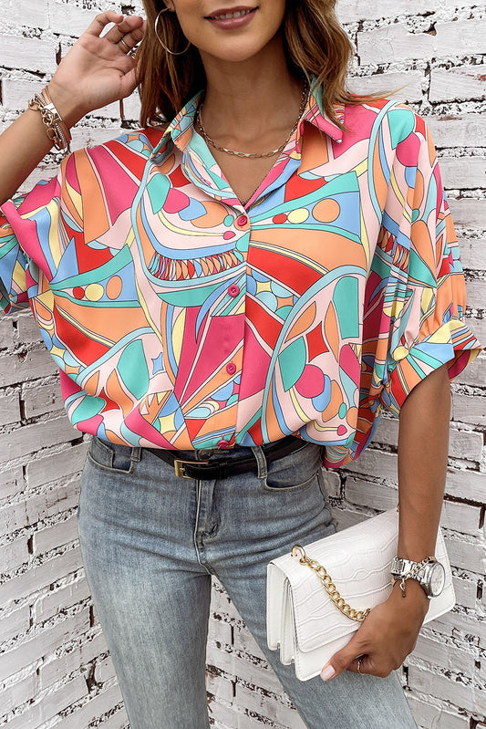 Multicolor Abstract Geometry Print Half Puff Sleeve Loose Shirt-Sale (50% OFF)/50% OFF-[Adult]-[Female]-Multicolor-S-2022 Online Blue Zone Planet