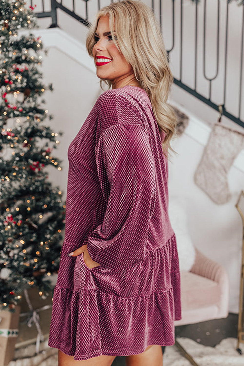 Meadow Mauve Plus Size Textured Velvet Tiered Buttons Tiered Dress - Meadow Mauve Plus Size Textured Velvet Tiered Buttons Tiered Dress -