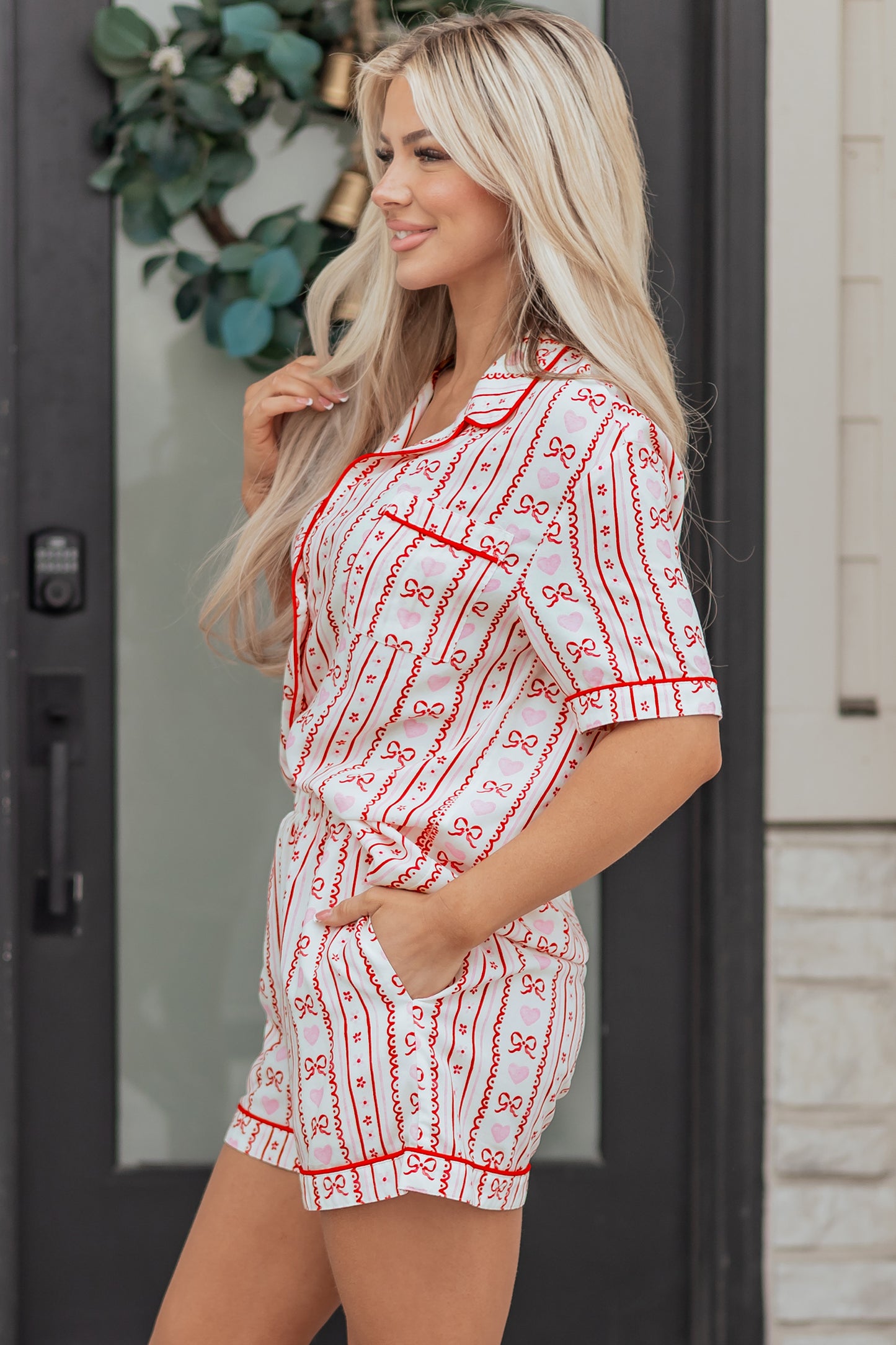 Red Cute Bow Heart Print Ribbon Decor Short 2pcs Pajama Set-Loungewear & Sleepwear/Sleepwear-[Adult]-[Female]-2022 Online Blue Zone Planet