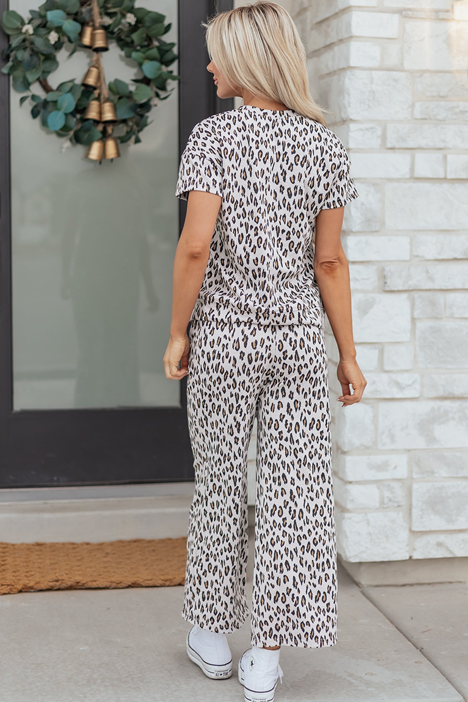Beige Leopard Print Casual Tee and Pants 2pcs Outfit-Two Piece Sets/Pant Sets-[Adult]-[Female]-2022 Online Blue Zone Planet
