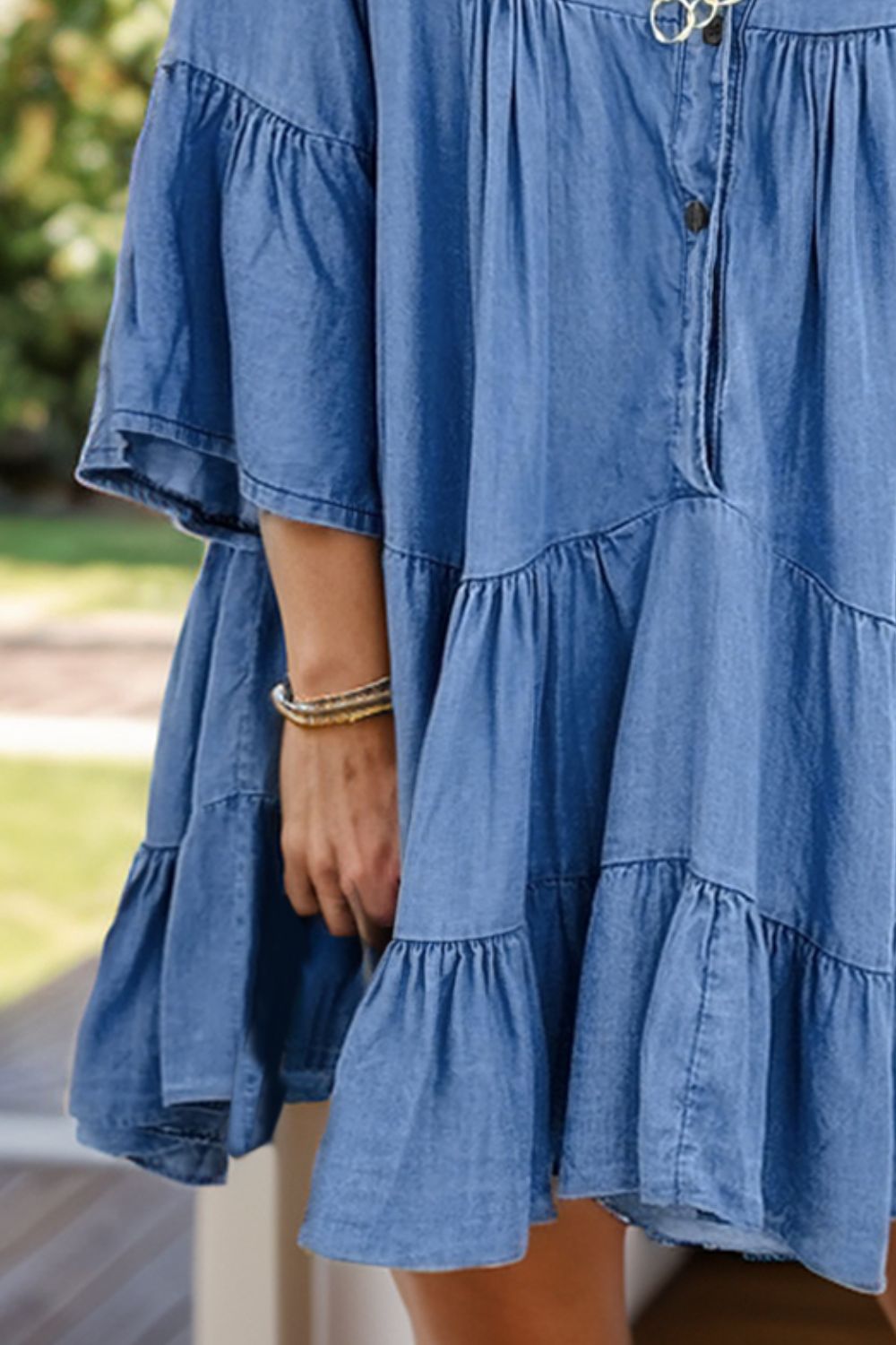 Notched Flare Sleeve Denim Dress-TOPS / DRESSES-[Adult]-[Female]-2022 Online Blue Zone Planet