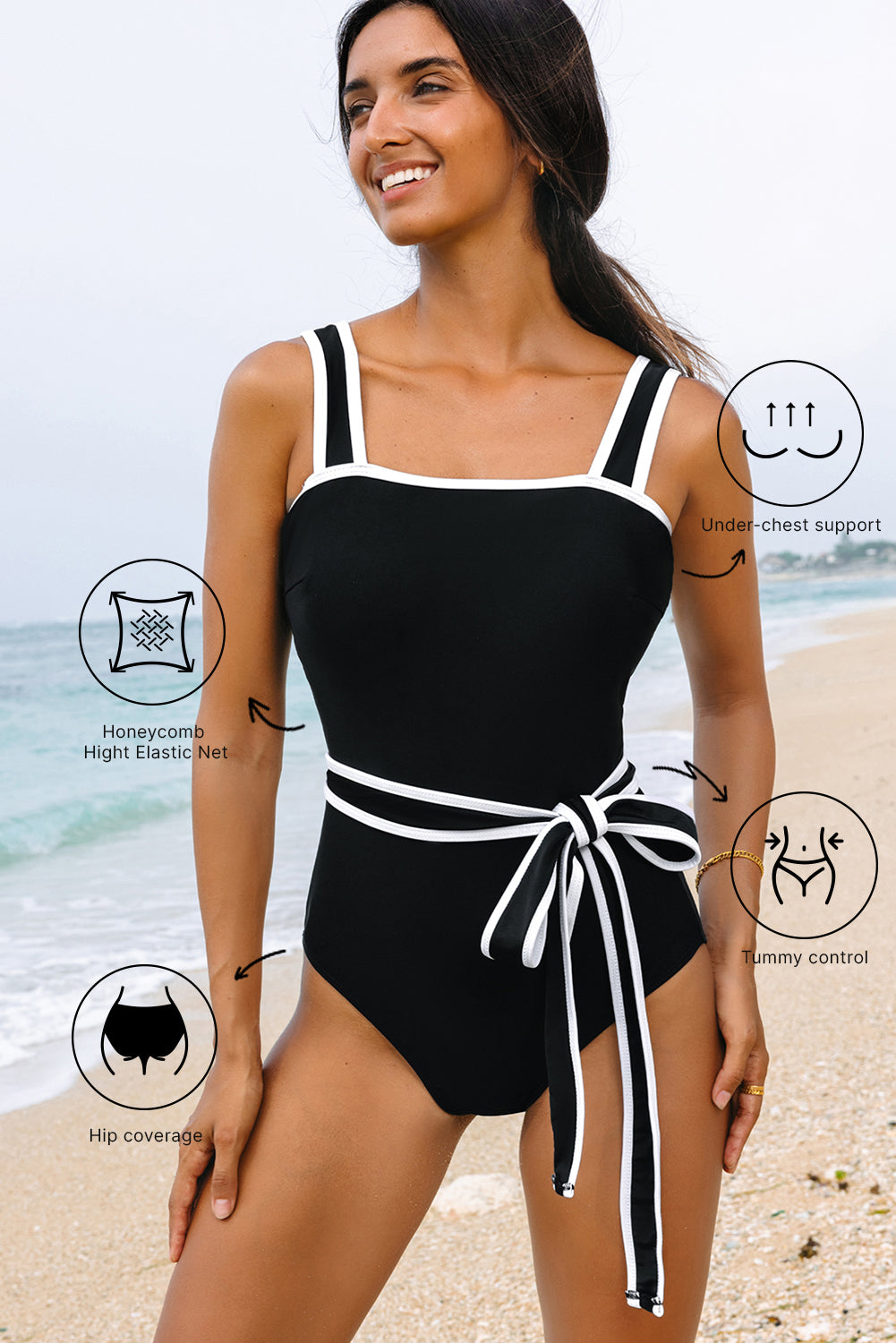 Blue Zone Planet | Black Colorblock Edge Belted One Piece Swimsuit-Swimwear/One Piece Swimsuit-[Adult]-[Female]-2022 Online Blue Zone Planet