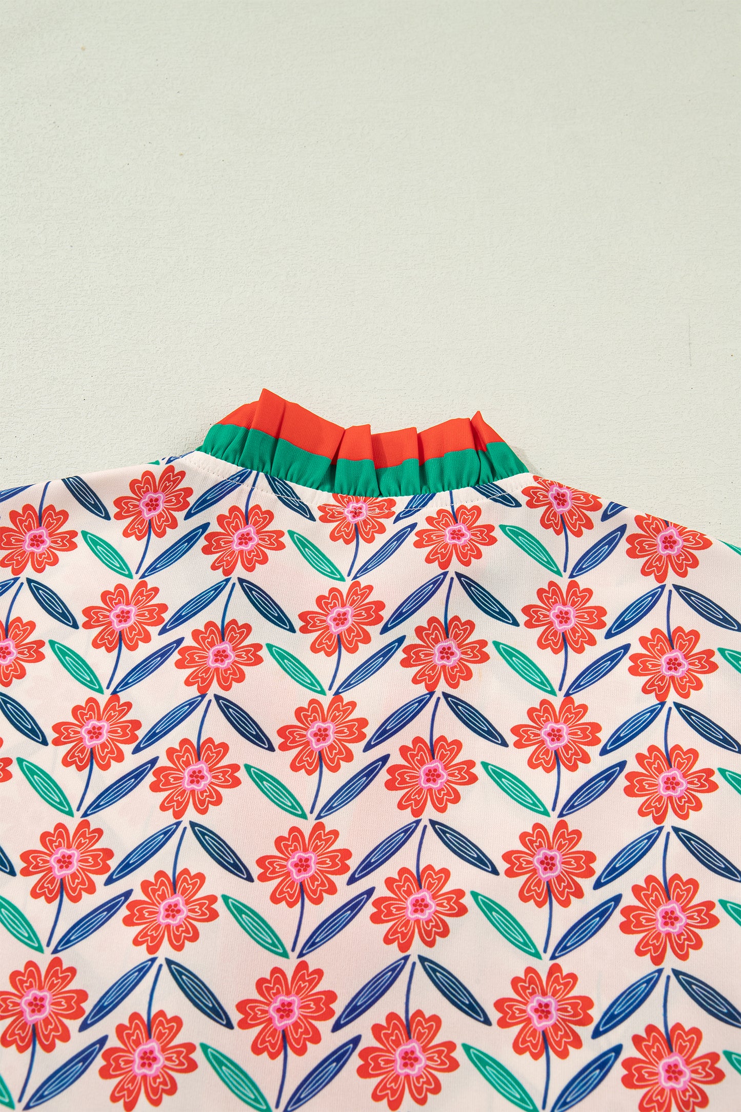 Red Floral Print Striped Detail V Neck Ruffled Short Sleeve Blouse-Tops/Blouses & Shirts-[Adult]-[Female]-2022 Online Blue Zone Planet