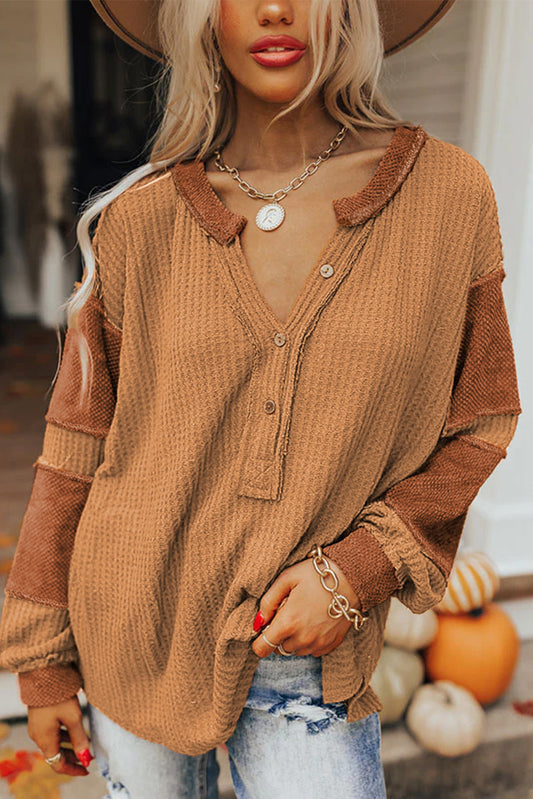 Orange Contrast Patched Exposed Seam Waffle Knit Henley Top-Sale (50% OFF)/30% OFF-[Adult]-[Female]-2022 Online Blue Zone Planet