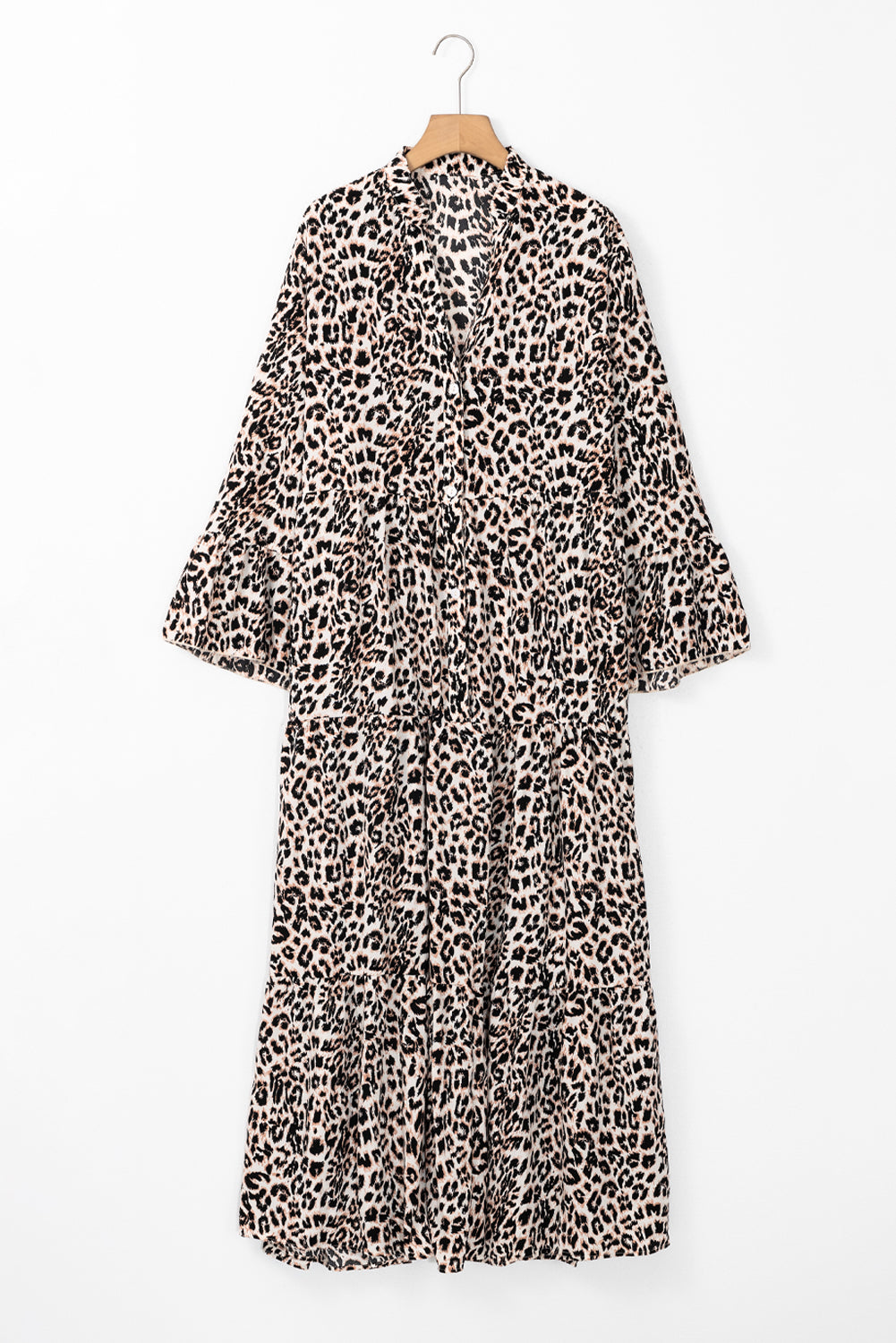 Blue Zone Planet | Apricot Leopard Print Tiered Wide Sleeve Maxi Dress-TOPS / DRESSES-[Adult]-[Female]-2022 Online Blue Zone Planet