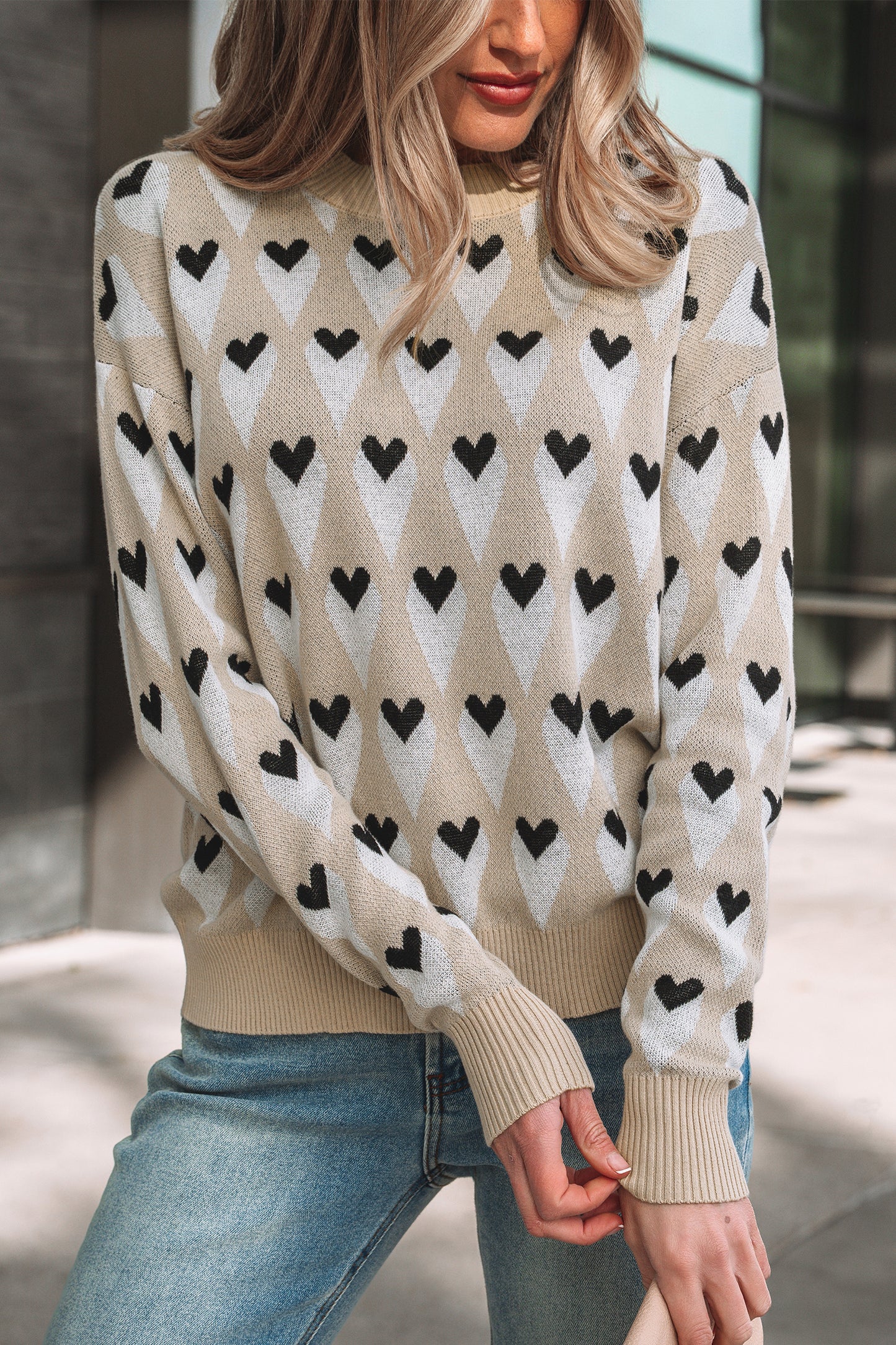 Parchment Geometric Heart Print Ribbed Trim Loose Sweater-TOPS / DRESSES-[Adult]-[Female]-2022 Online Blue Zone Planet