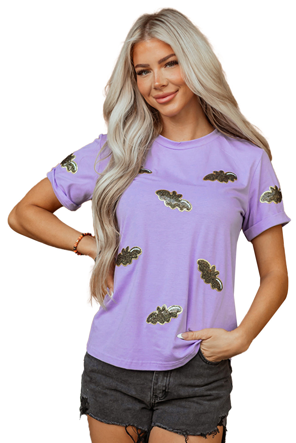 Wisteria Sequin Halloween Bat Patched Casual T Shirt-Graphic/Graphic Tees-[Adult]-[Female]-2022 Online Blue Zone Planet