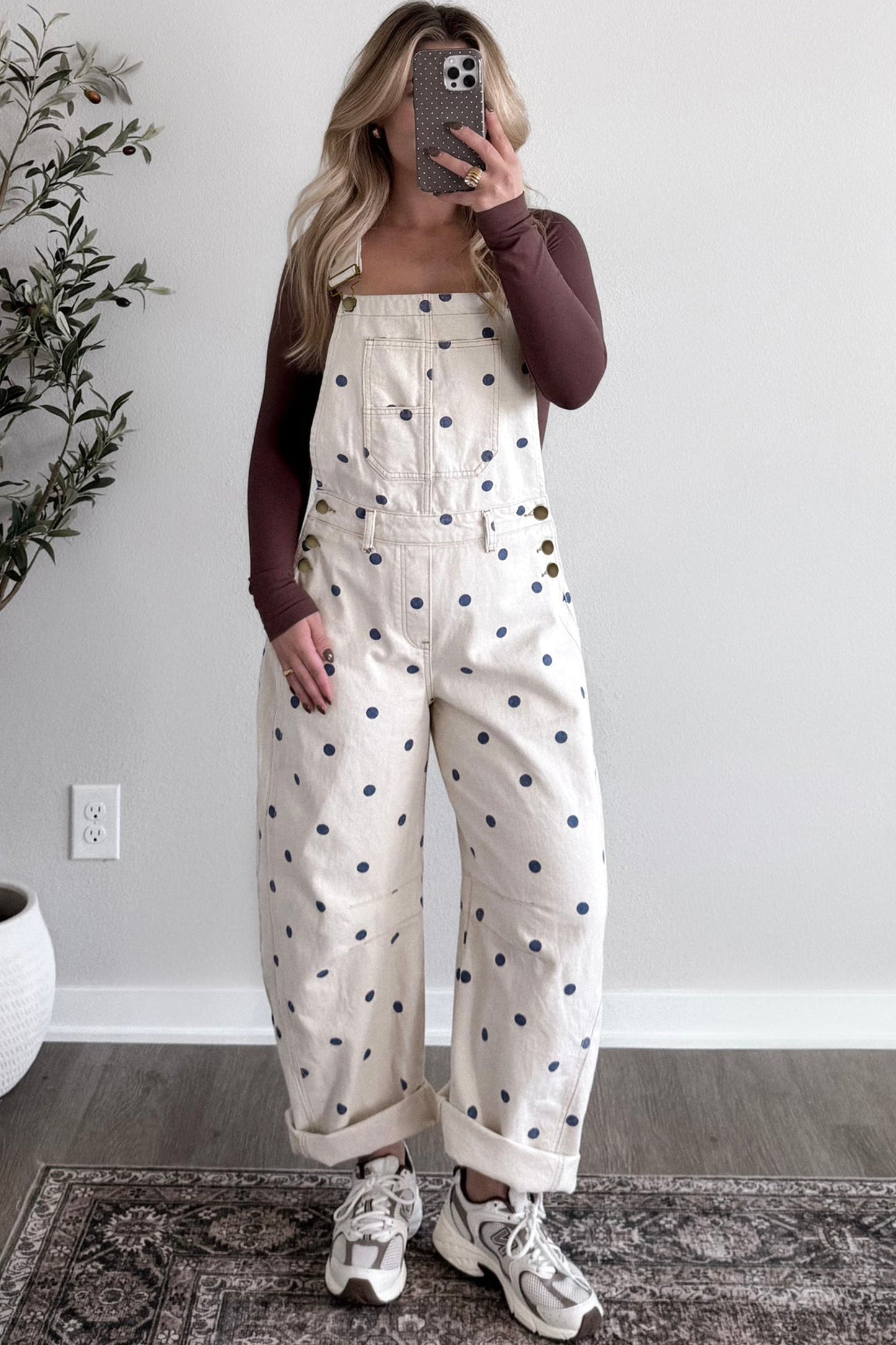 Jet Stream Polka Dot Print Bib Pocket Denim Barrel Overalls Jumpsuit-Bottoms/Jumpsuits & Rompers-[Adult]-[Female]-Jet Stream-S-2022 Online Blue Zone Planet