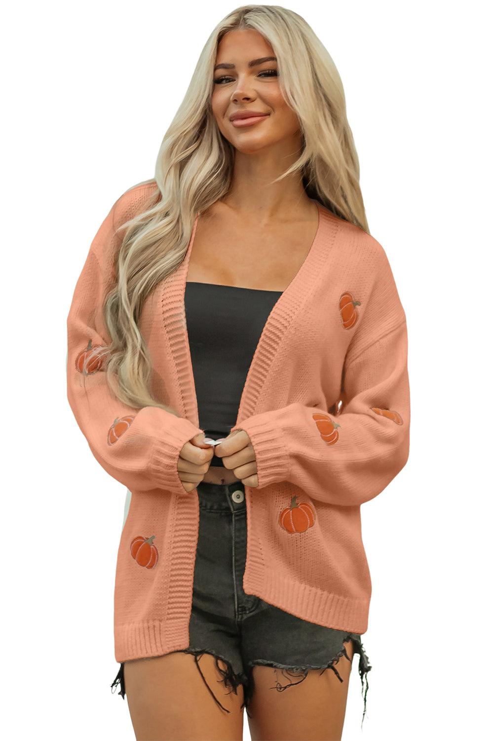 Straw Yellow Pumpkin Tree Print Open Front Drop Shoulder Midi Cardigan-Sweaters & Cardigans/Cardigans-[Adult]-[Female]-2022 Online Blue Zone Planet