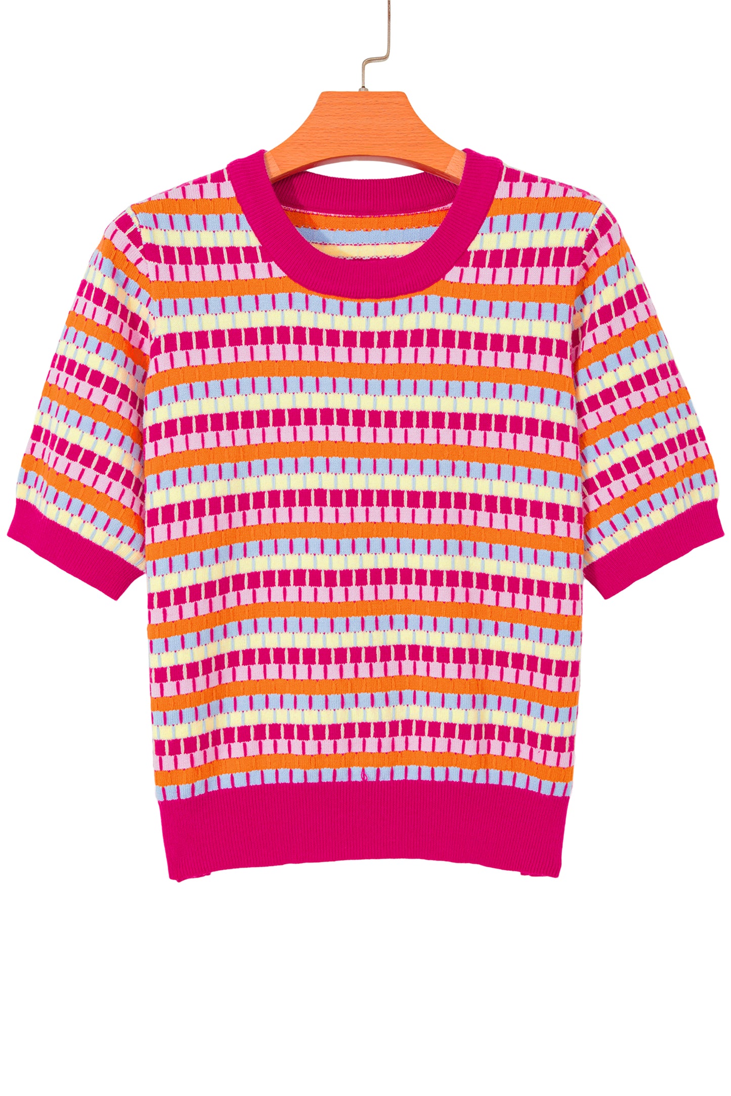 Orange Abstract Striped Knit Short Sleeve Sweater-Sweaters & Cardigans/Short Sleeve Sweaters-[Adult]-[Female]-2022 Online Blue Zone Planet