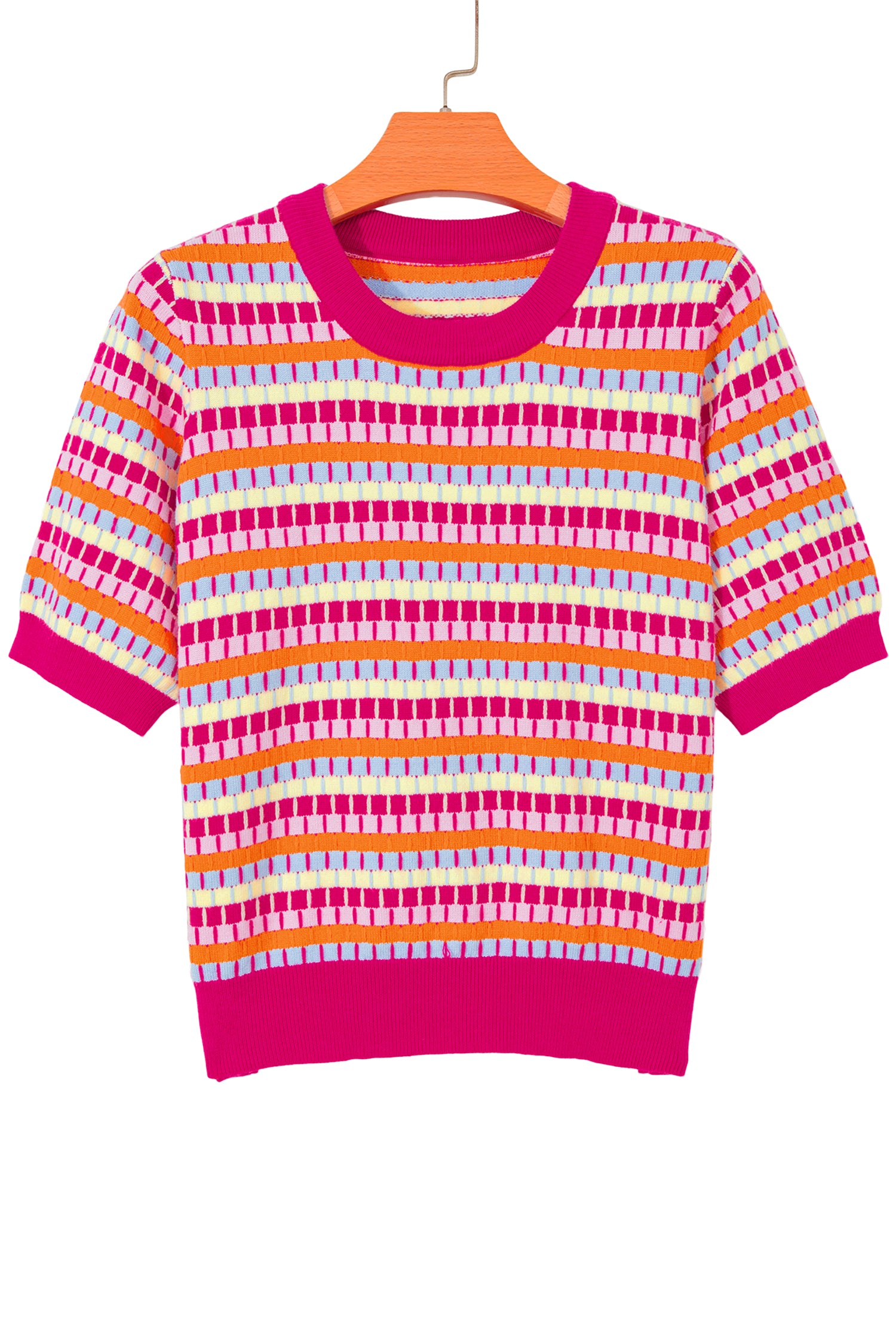 Orange Abstract Striped Knit Short Sleeve Sweater-Sweaters & Cardigans/Short Sleeve Sweaters-[Adult]-[Female]-2022 Online Blue Zone Planet