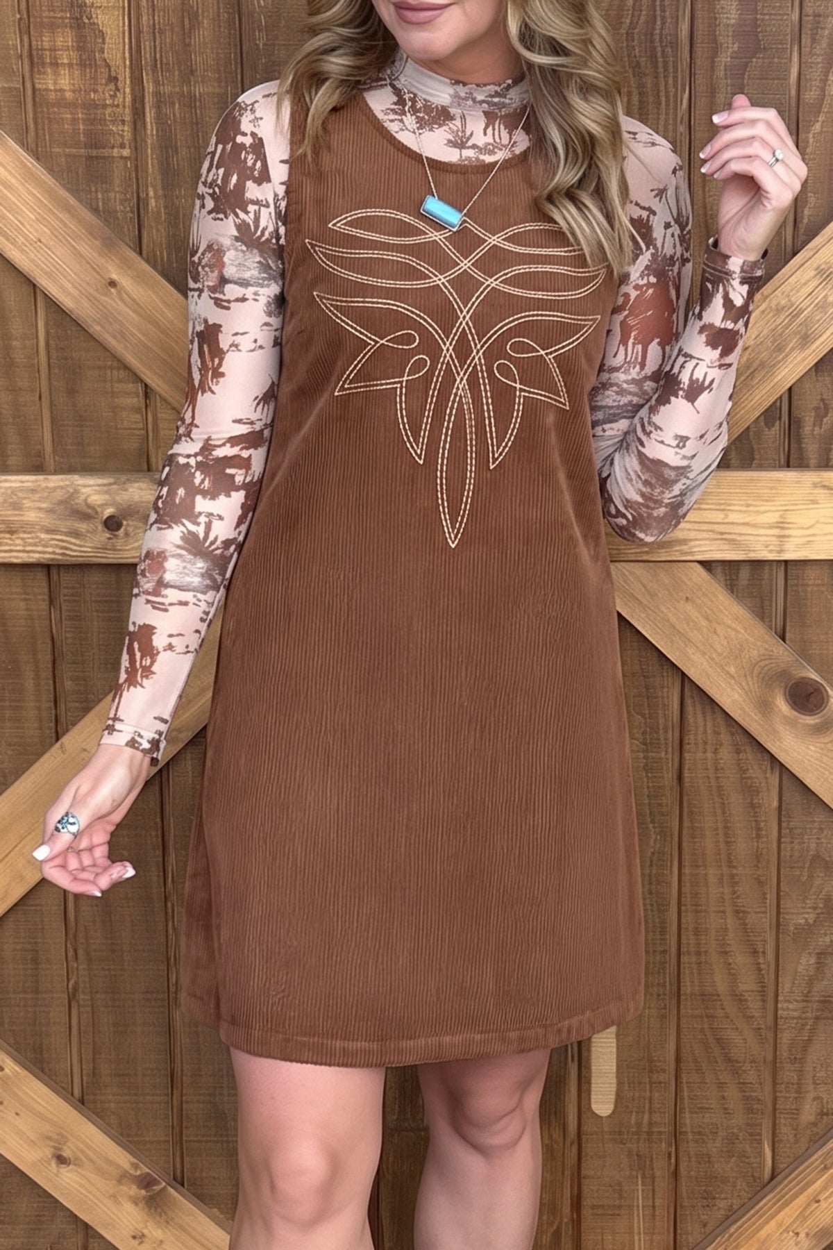 Coffee Geometric Embroidery Sleeveless Corduroy Shift Dress-TOPS / DRESSES-[Adult]-[Female]-Coffee-S-2022 Online Blue Zone Planet
