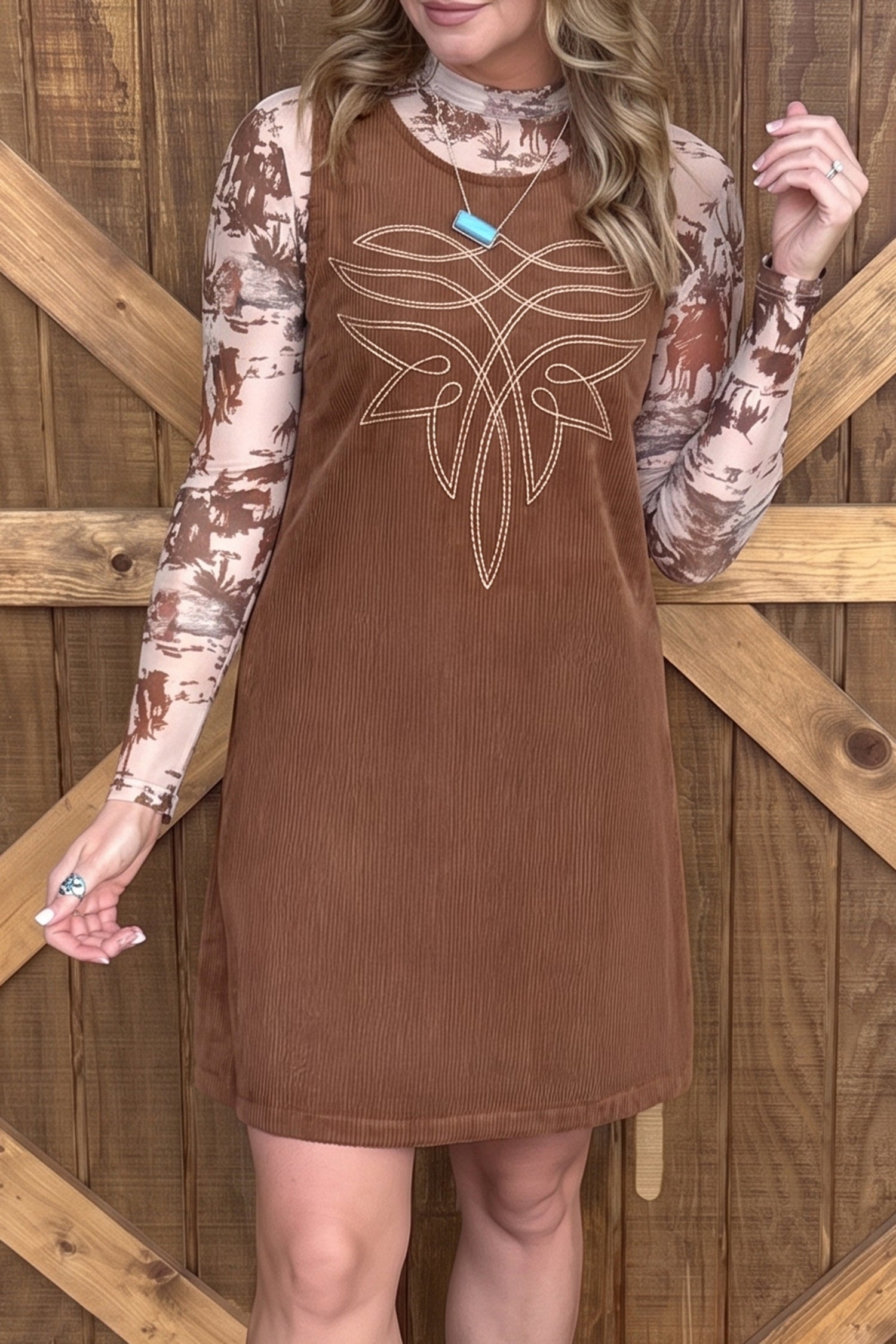 Coffee Geometric Embroidery Sleeveless Corduroy Shift Dress-TOPS / DRESSES-[Adult]-[Female]-Coffee-S-2022 Online Blue Zone Planet