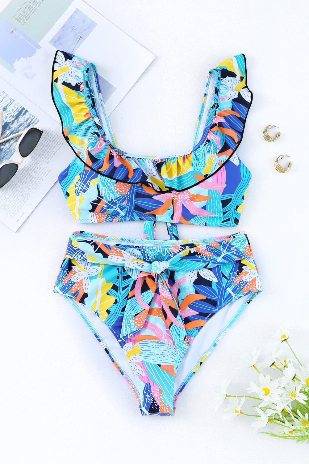 Green Tropical Print Ruffled Square Neck Tie High Waist Swimsuit Blue Zone Planet