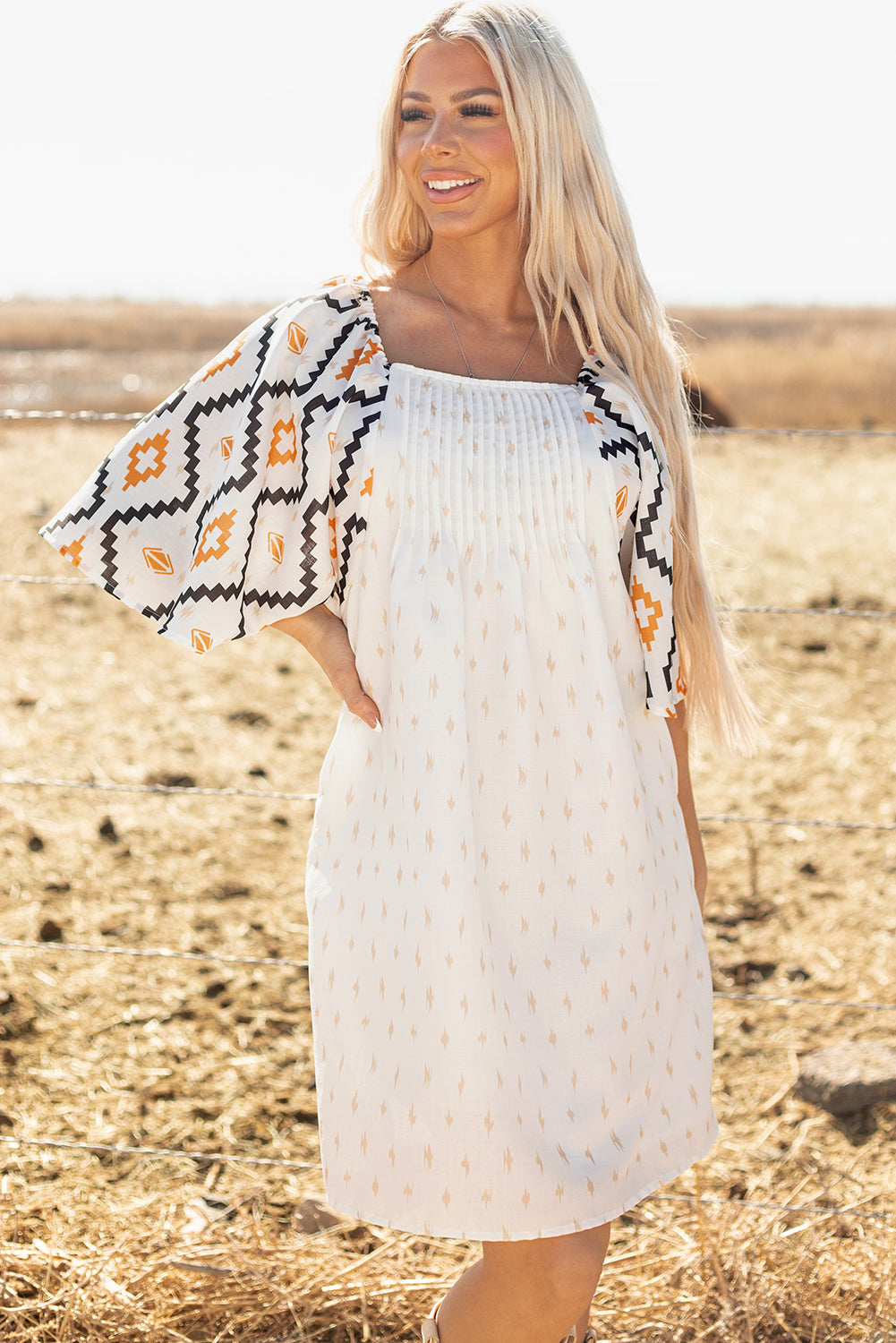 Blue Zone Planet | Beige Western Aztec Print Pleated Square Neck Loose Mini Dress-TOPS / DRESSES-[Adult]-[Female]-2022 Online Blue Zone Planet
