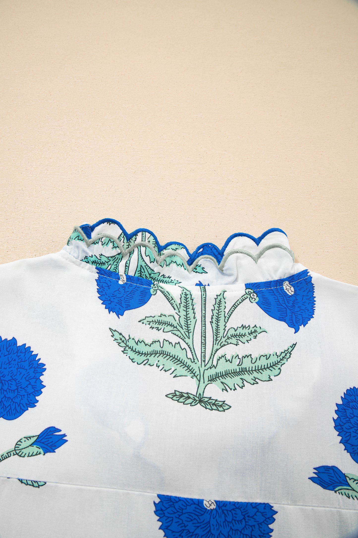 Blue Wild Flower Print Contrast Trim Scallop Detail Short Sleeve Blouse-Tops/Blouses & Shirts-[Adult]-[Female]-2022 Online Blue Zone Planet