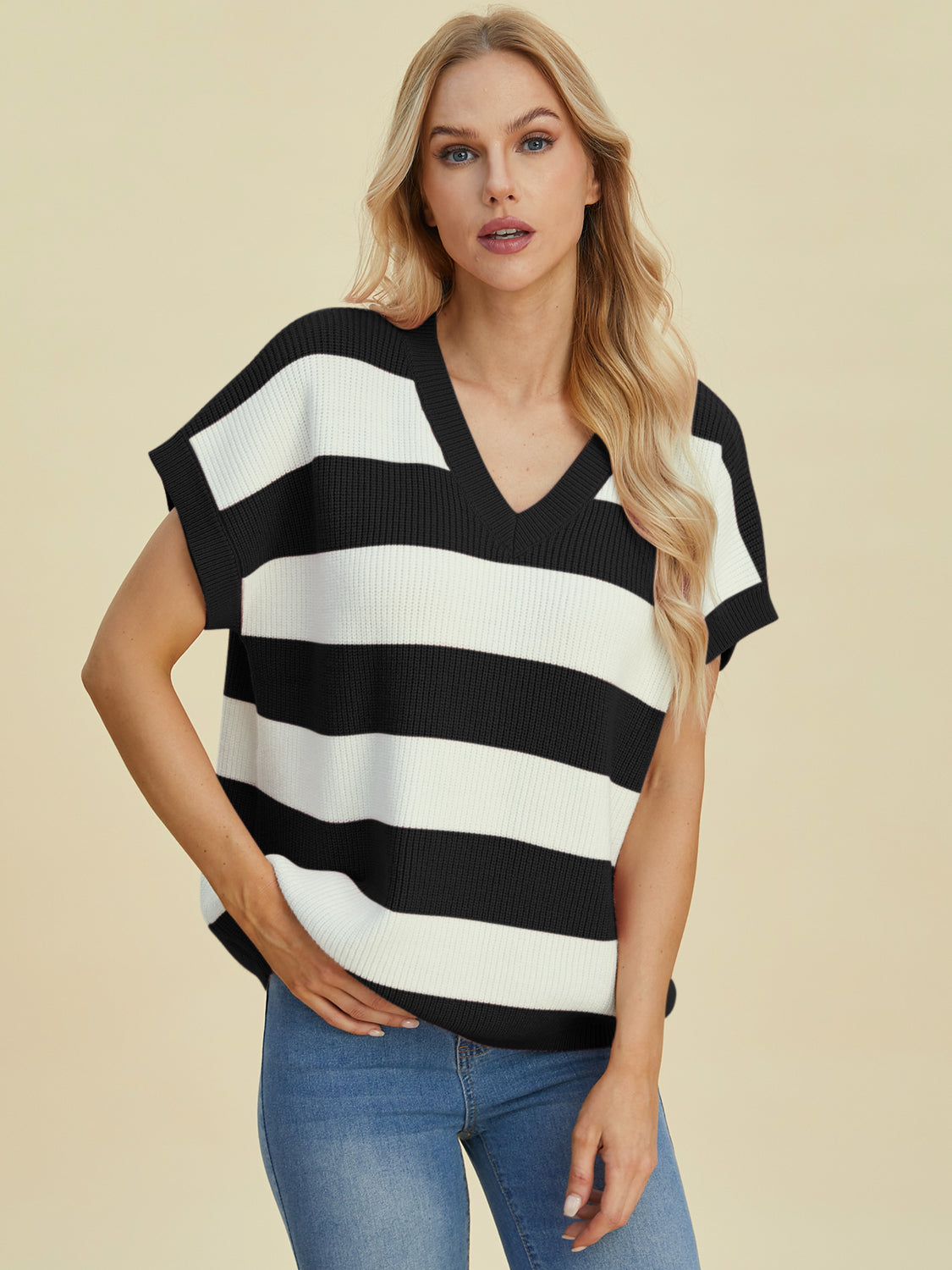 Double Take Full Size Striped V-Neck Short Sleeve Sweater-TOPS / DRESSES-[Adult]-[Female]-2022 Online Blue Zone Planet