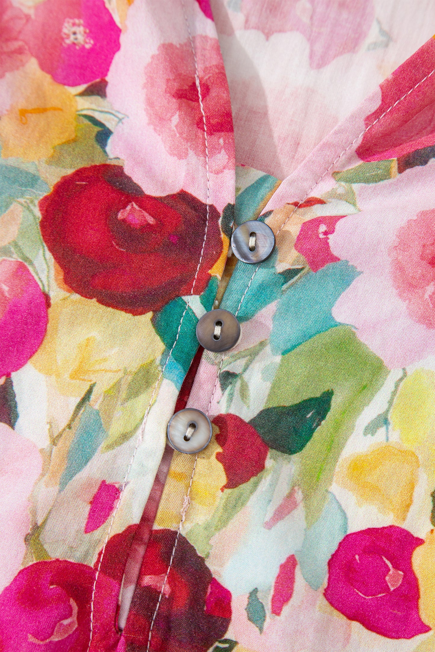 Pink Floral Frilled V Neck Puff Short Sleeve Blouse-Tops/Blouses & Shirts-[Adult]-[Female]-2022 Online Blue Zone Planet