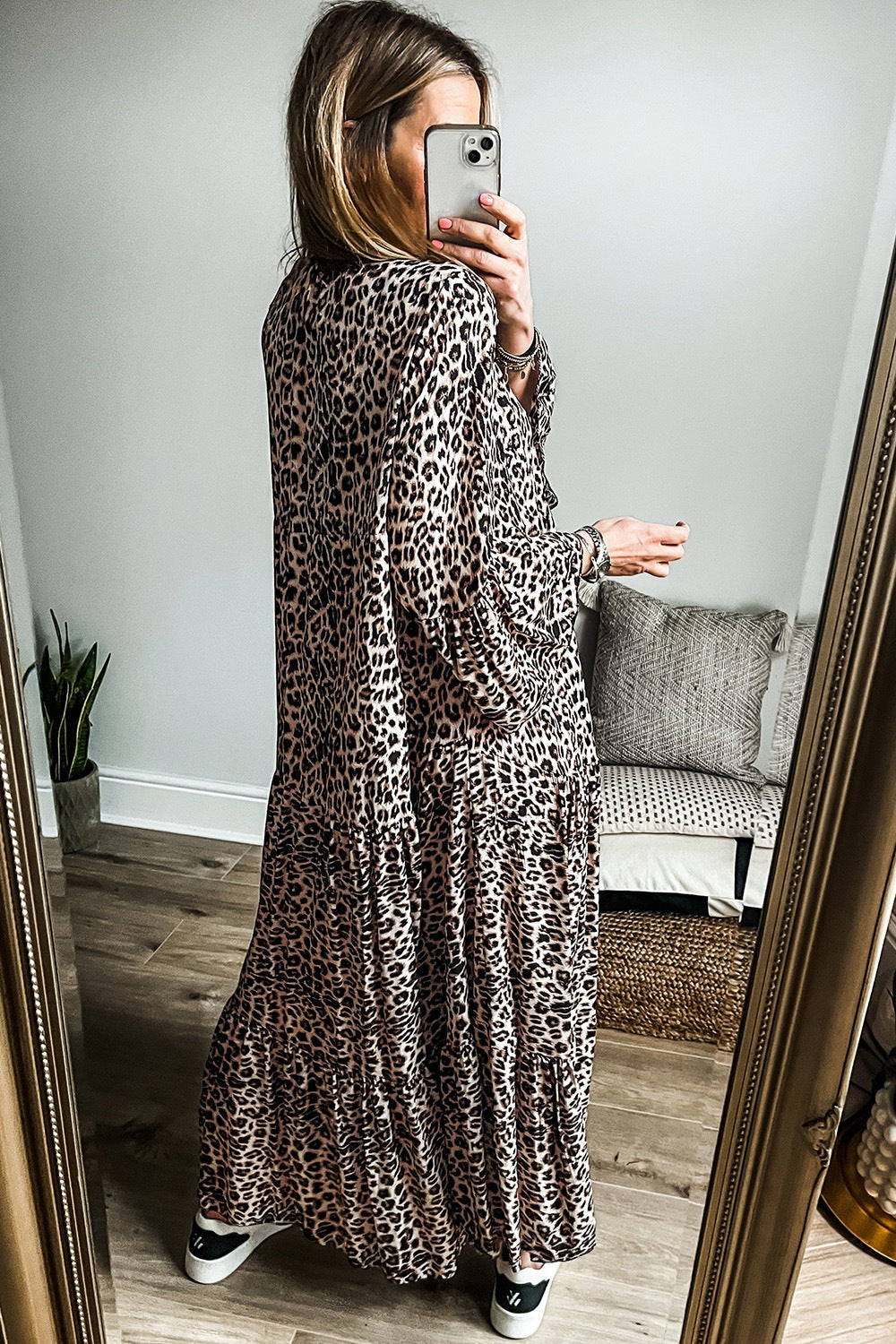Leopard Notched Long Sleeve Maxi Dress-TOPS / DRESSES-[Adult]-[Female]-2022 Online Blue Zone Planet