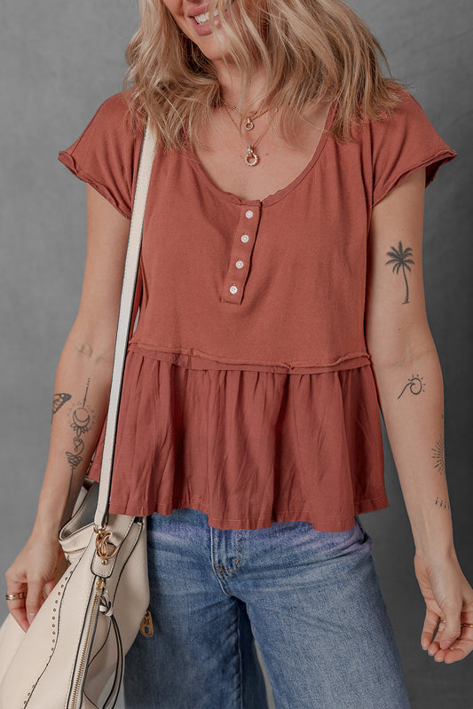 Chestnut Short Sleeve U Neck Buttons Splicing Ruffle Blouse-Tops/Blouses & Shirts-[Adult]-[Female]-Chestnut-S-2022 Online Blue Zone Planet