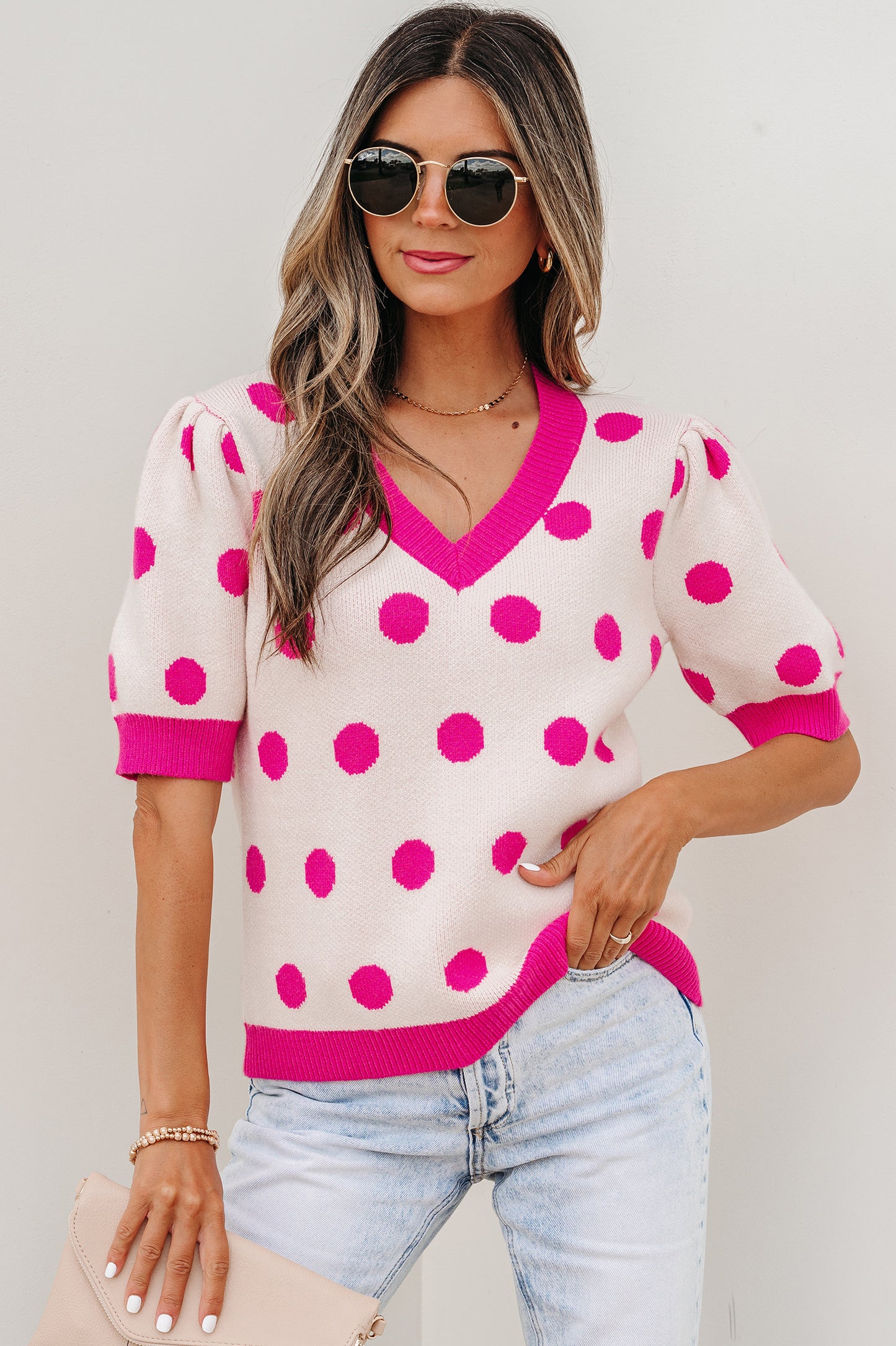 Rose Red Polka Dot Puff Short Sleeve Sweater Top-Sweaters & Cardigans/Short Sleeve Sweaters-[Adult]-[Female]-2022 Online Blue Zone Planet