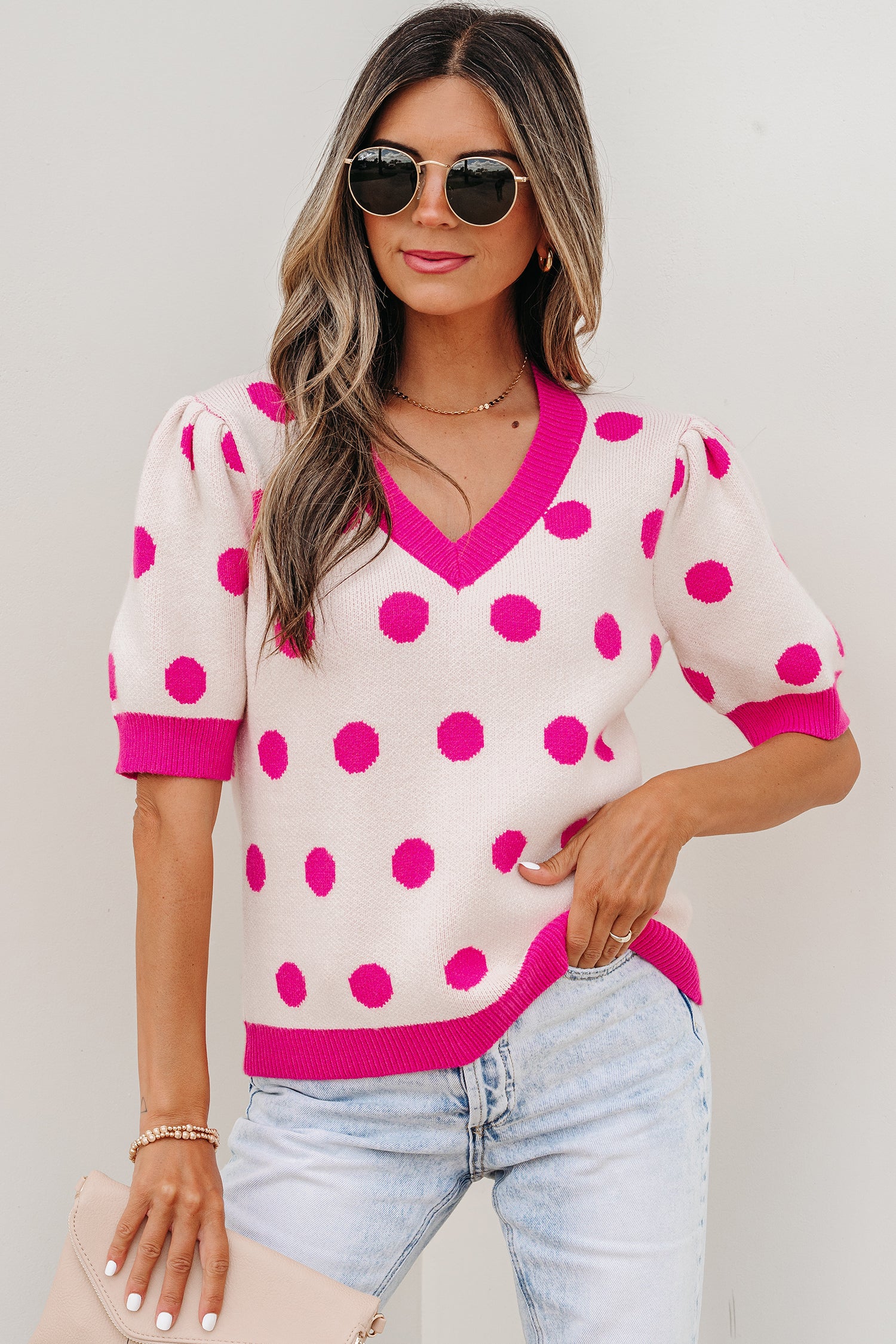 Rose Red Polka Dot Puff Short Sleeve Sweater Top-Sweaters & Cardigans/Short Sleeve Sweaters-[Adult]-[Female]-2022 Online Blue Zone Planet