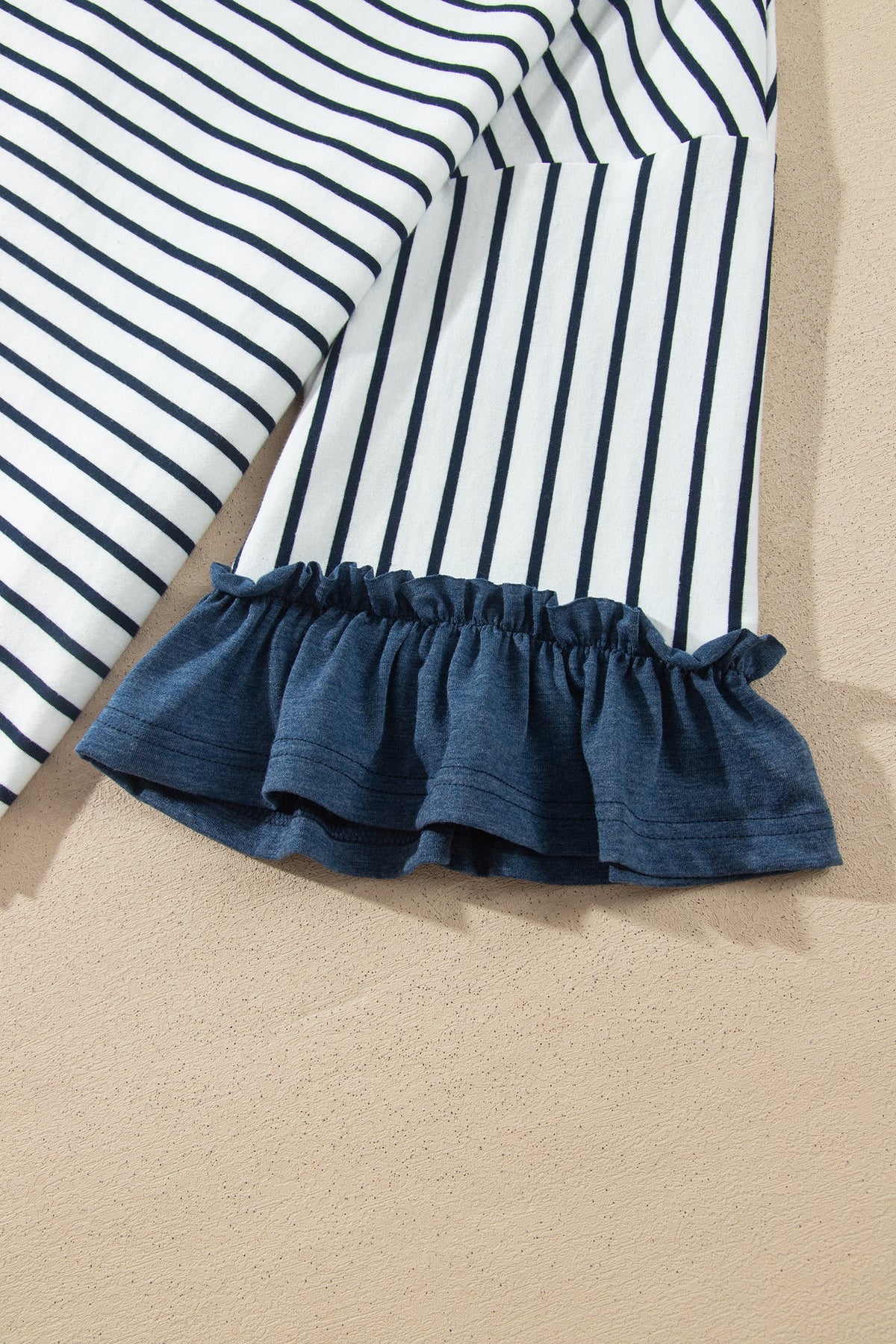 Blue Stripe V Neck Ruffle Contrast Sleeve Top Drawstring Pants 2pcs Set-Two Piece Sets/Pant Sets-[Adult]-[Female]-2022 Online Blue Zone Planet