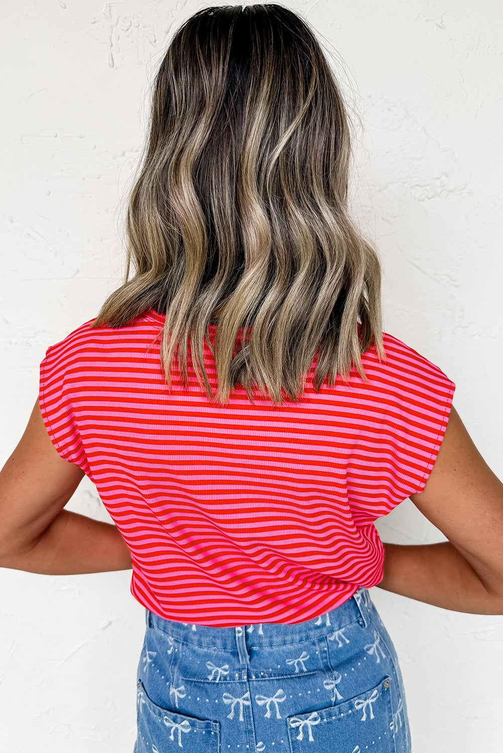 Red Stripe Ribbed Cap Sleeve Round Neck T Shirt-Tops/Tops & Tees-[Adult]-[Female]-2022 Online Blue Zone Planet