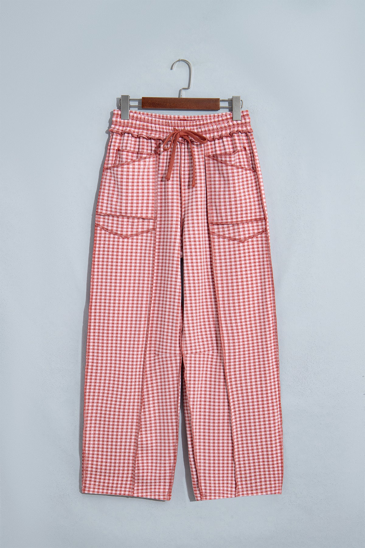 Red Plaid Contrast Trim Drawstring Elastic Waist Shift Pants-Bottoms/Pants & Culotte-[Adult]-[Female]-2022 Online Blue Zone Planet