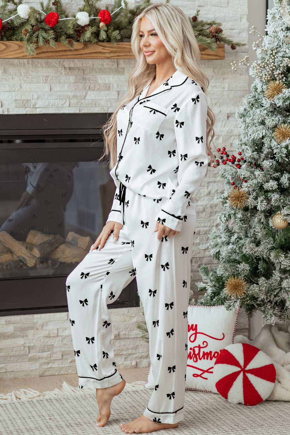 White Bows Print Two Piece Sleepwear-Loungewear & Sleepwear/Sleepwear-[Adult]-[Female]-2022 Online Blue Zone Planet