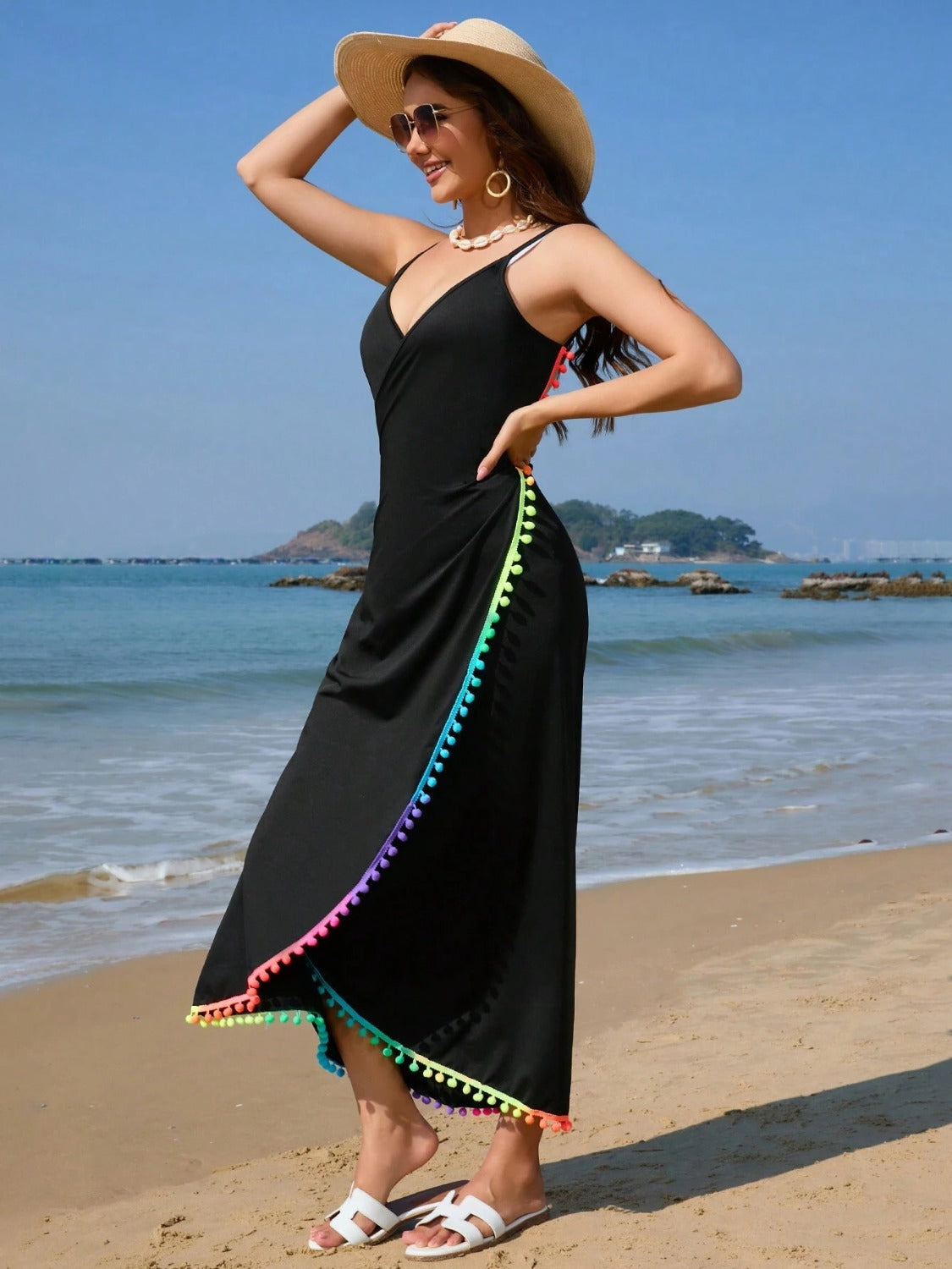 Rainbow Pompom Trim Spaghetti Strap Cover-Up-TOPS / DRESSES-[Adult]-[Female]-2022 Online Blue Zone Planet