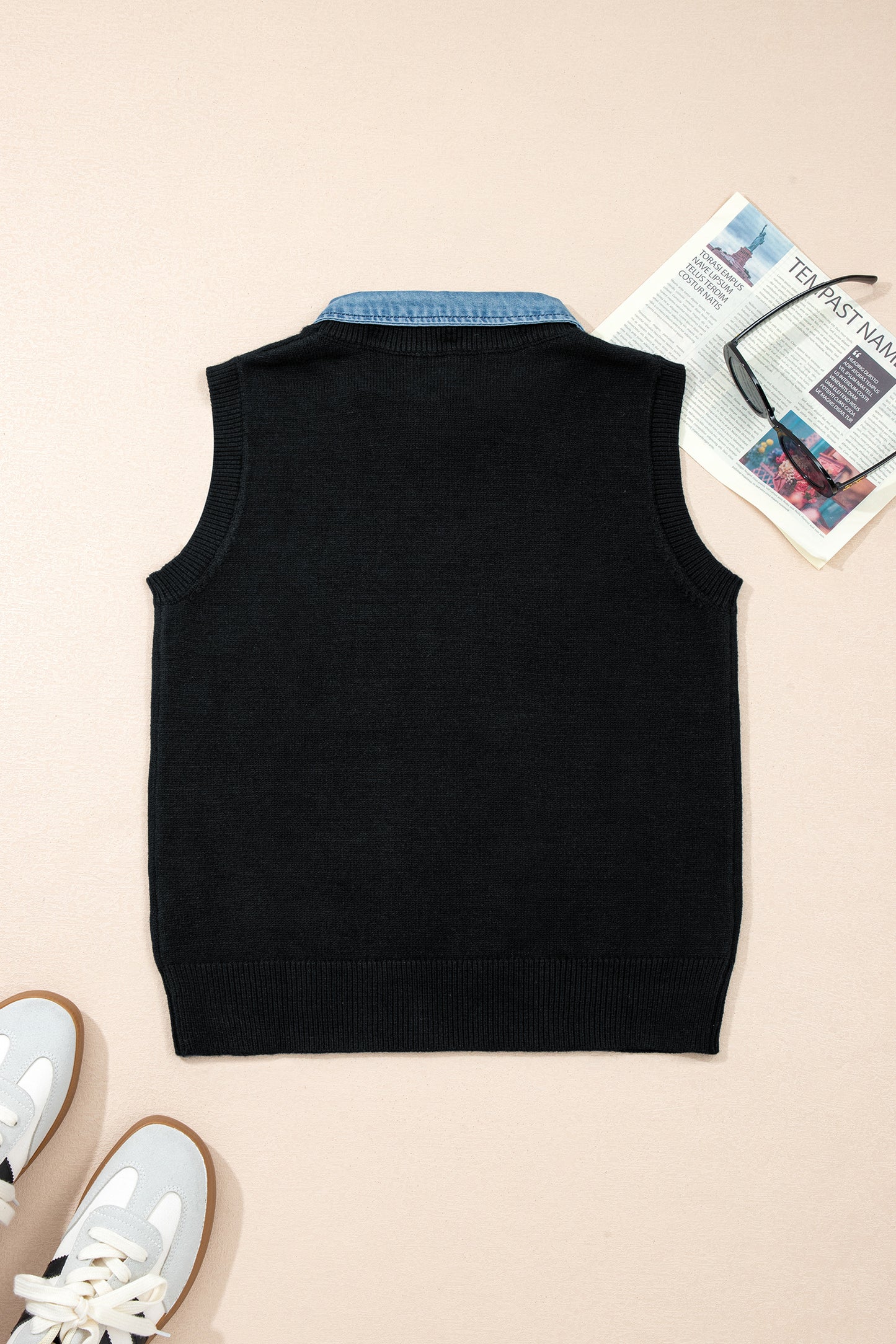Black Solid Color Knit Contrast Denim Patchwork Collar Sweater Vest-TOPS / DRESSES-[Adult]-[Female]-2022 Online Blue Zone Planet