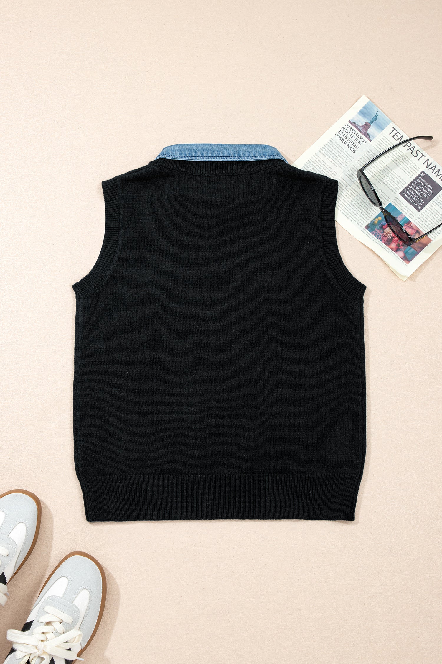 Black Solid Color Knit Contrast Denim Patchwork Collar Sweater Vest-TOPS / DRESSES-[Adult]-[Female]-2022 Online Blue Zone Planet