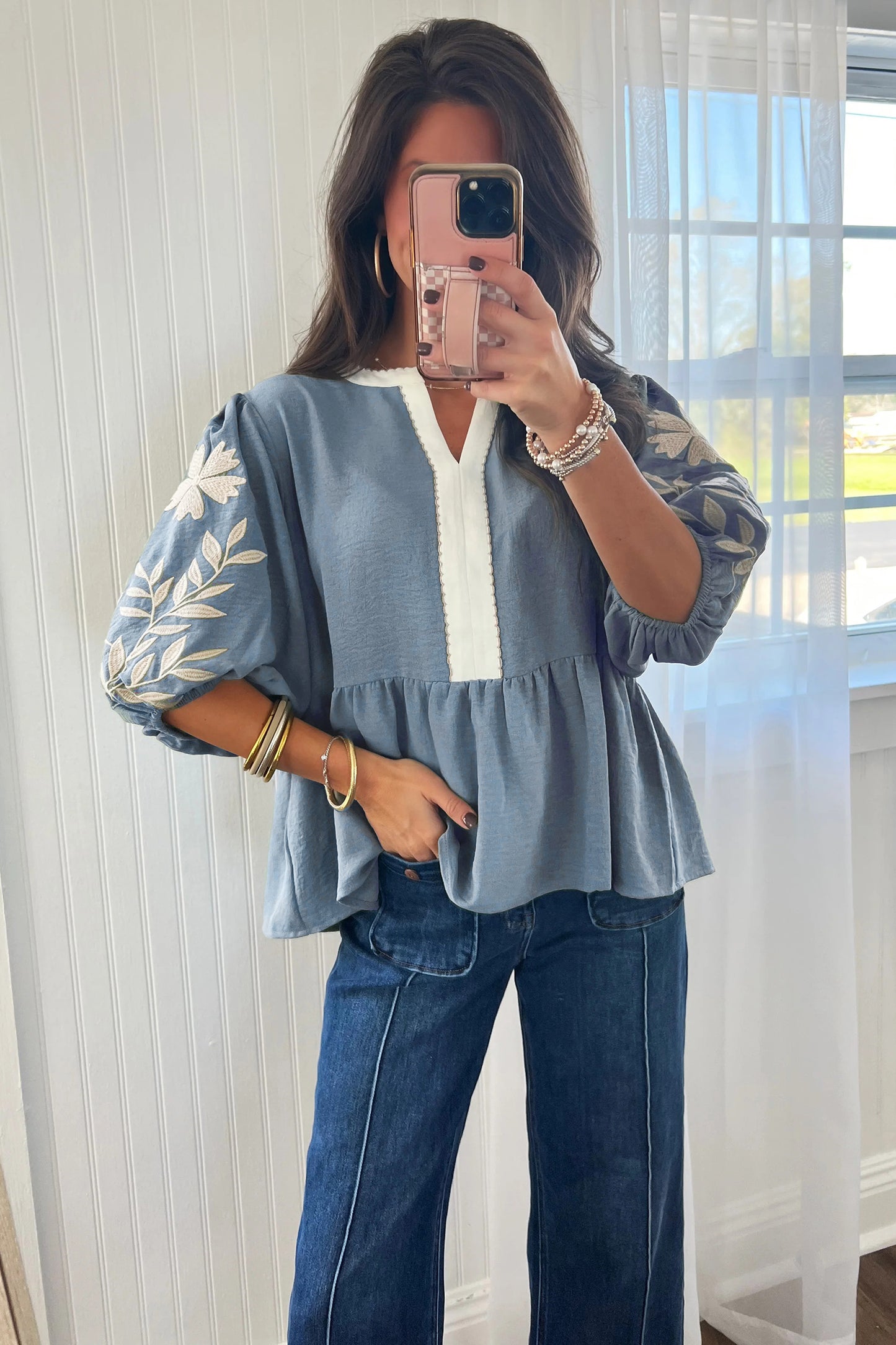 Myosotis Color Block Patchwork V Neck Embroidered Puff Sleeve Babydoll Blouse-Tops/Blouses & Shirts-[Adult]-[Female]-2022 Online Blue Zone Planet