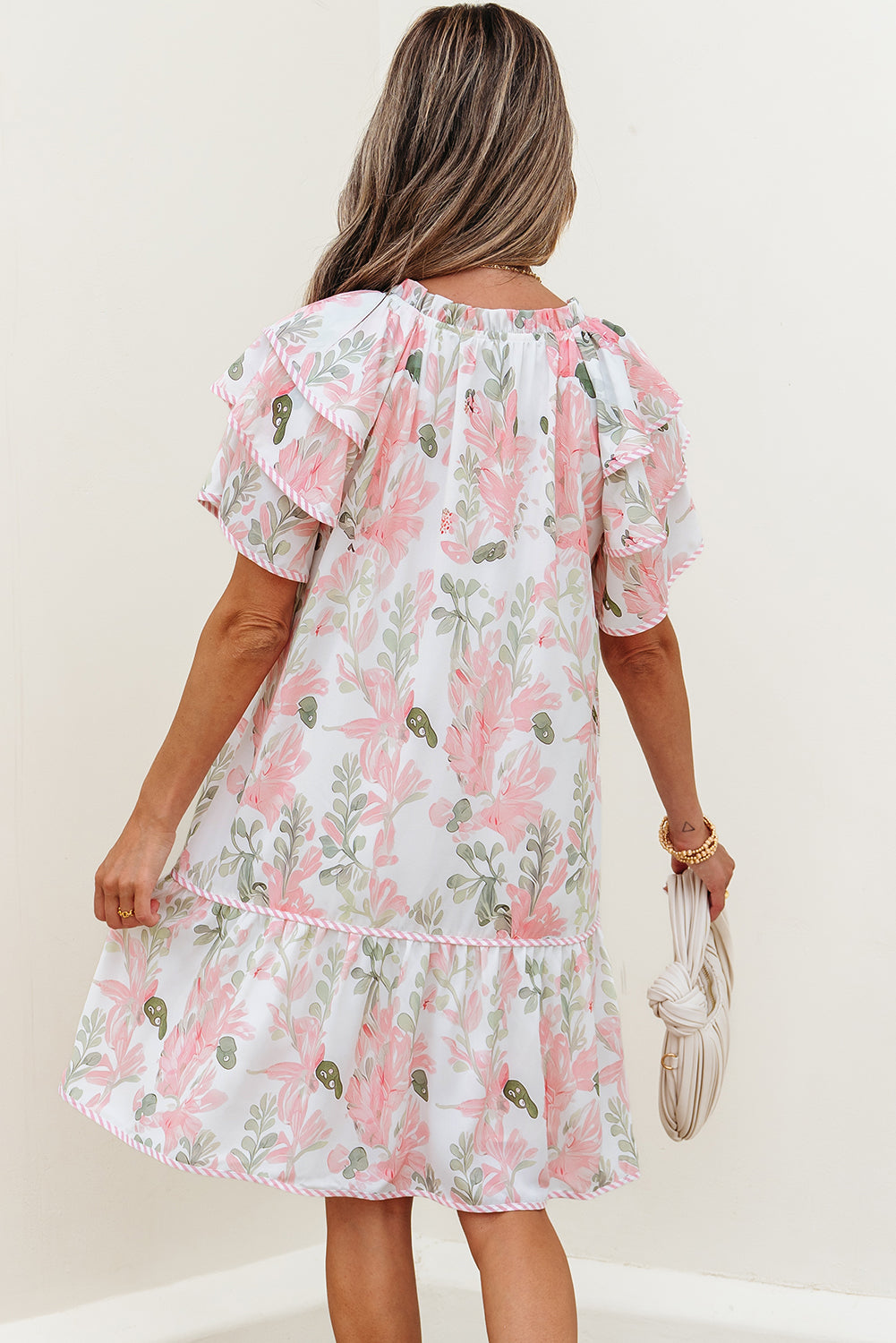 Pink Floral Contrast Edge Layered Short Sleeve Mini Dress-TOPS / DRESSES-[Adult]-[Female]-2022 Online Blue Zone Planet