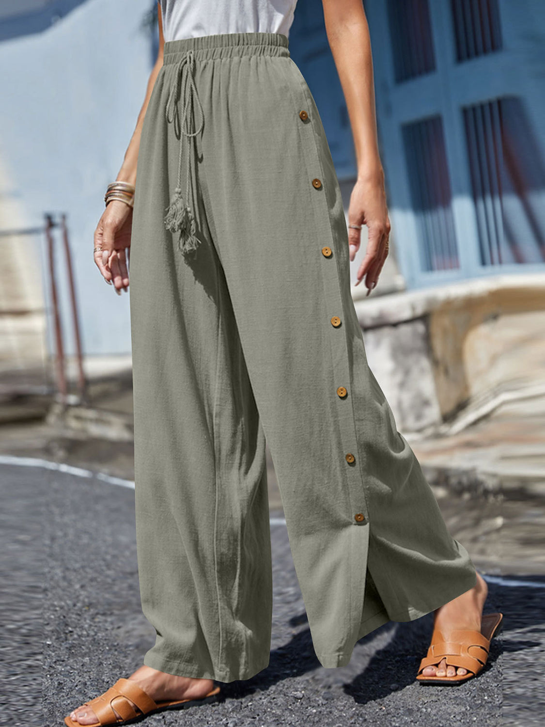 Blue Zone Planet | Full Size Tassel Wide Leg Pants-BOTTOMS SIZES SMALL MEDIUM LARGE-[Adult]-[Female]-Light Gray-S-2022 Online Blue Zone Planet