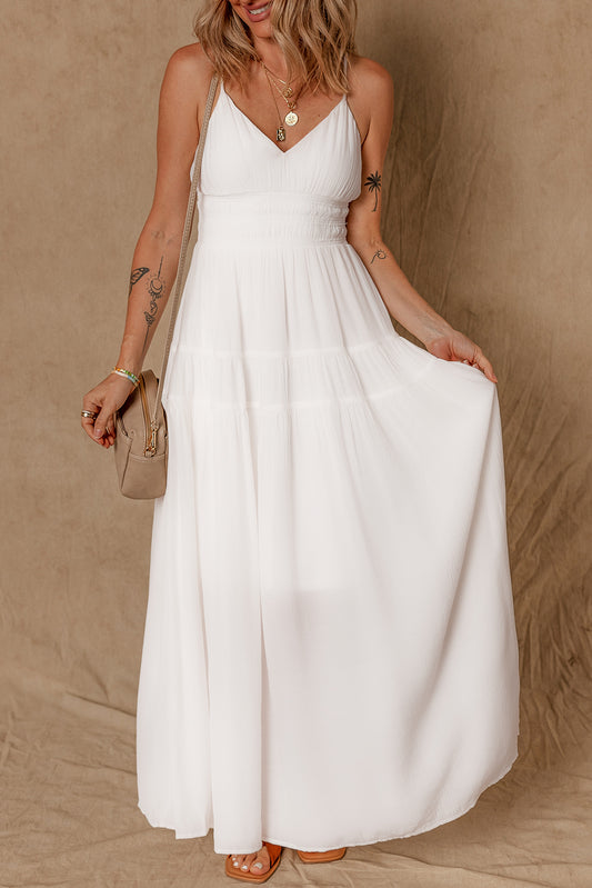 White Spaghetti Straps High Waist Elegant Long Dress-TOPS / DRESSES-[Adult]-[Female]-White-S-2022 Online Blue Zone Planet
