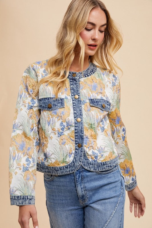 Annie Wear Floral Jacquard Denim Contrast Button Down Jacket-TOPS / DRESSES-[Adult]-[Female]-2022 Online Blue Zone Planet