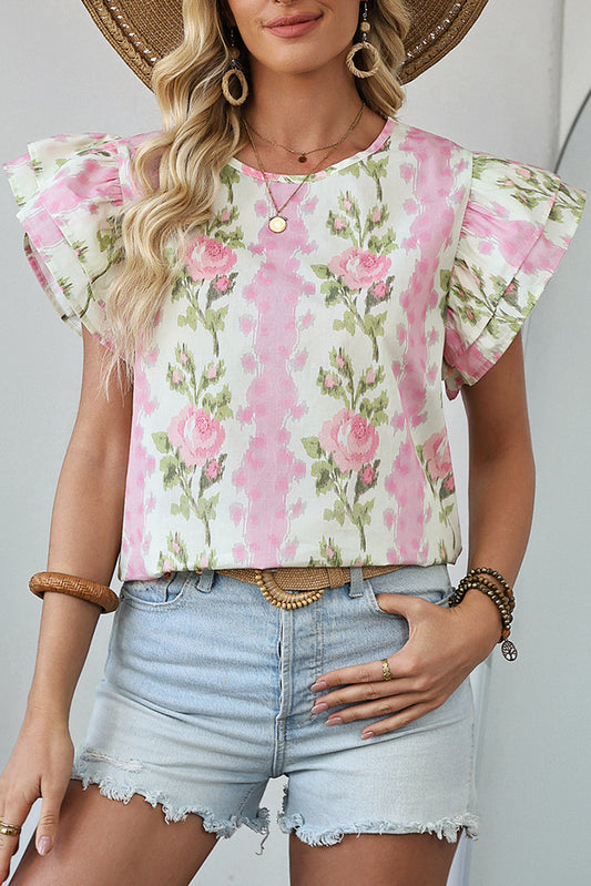 Pink Floral Print Ruffled Sleeve Summer Top-Tops/Blouses & Shirts-[Adult]-[Female]-Pink-S-2022 Online Blue Zone Planet