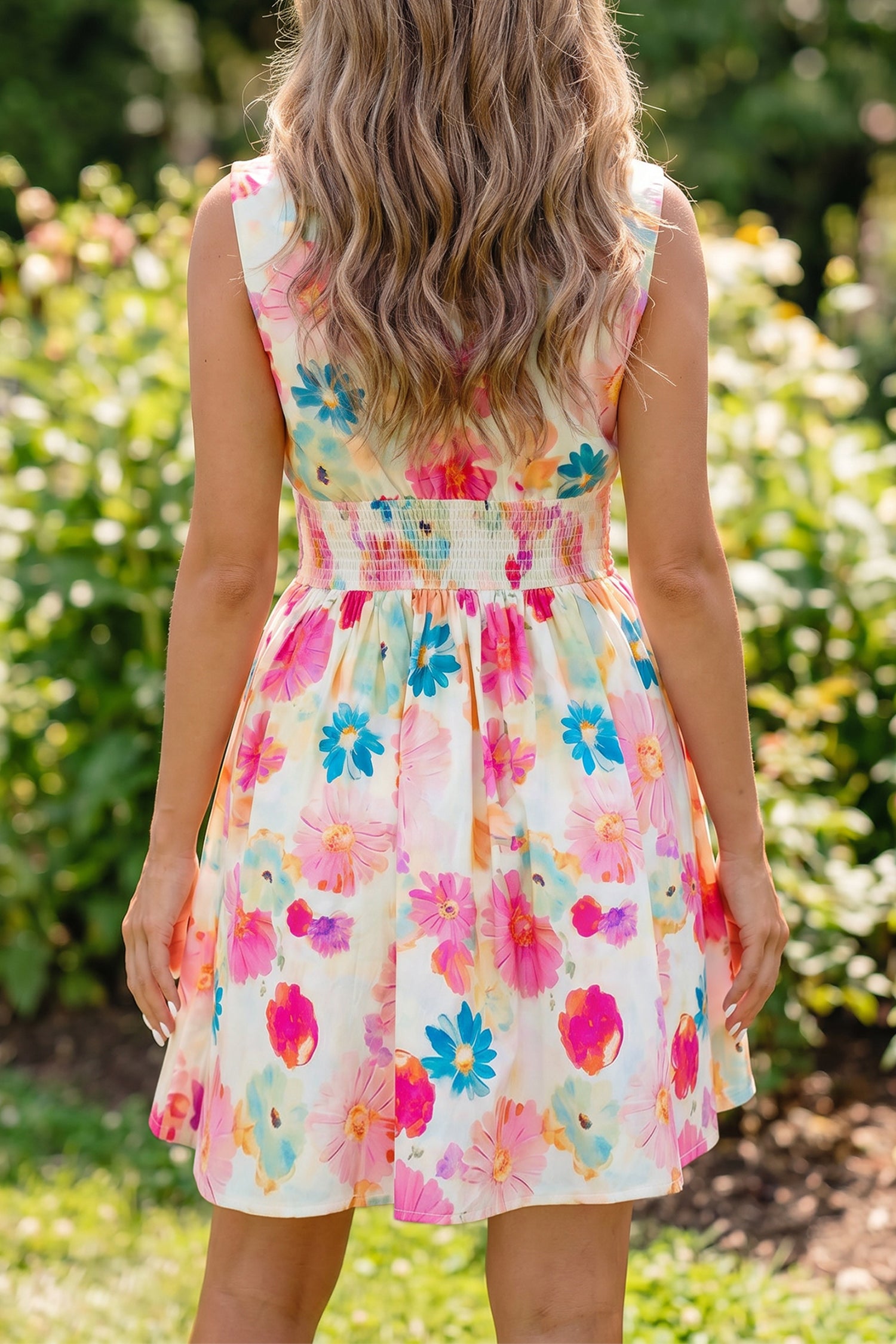 Pink Adorable Floral Print V Neck Zip Up Smocked Waist Flared Mini Dress-TOPS / DRESSES-[Adult]-[Female]-2022 Online Blue Zone Planet