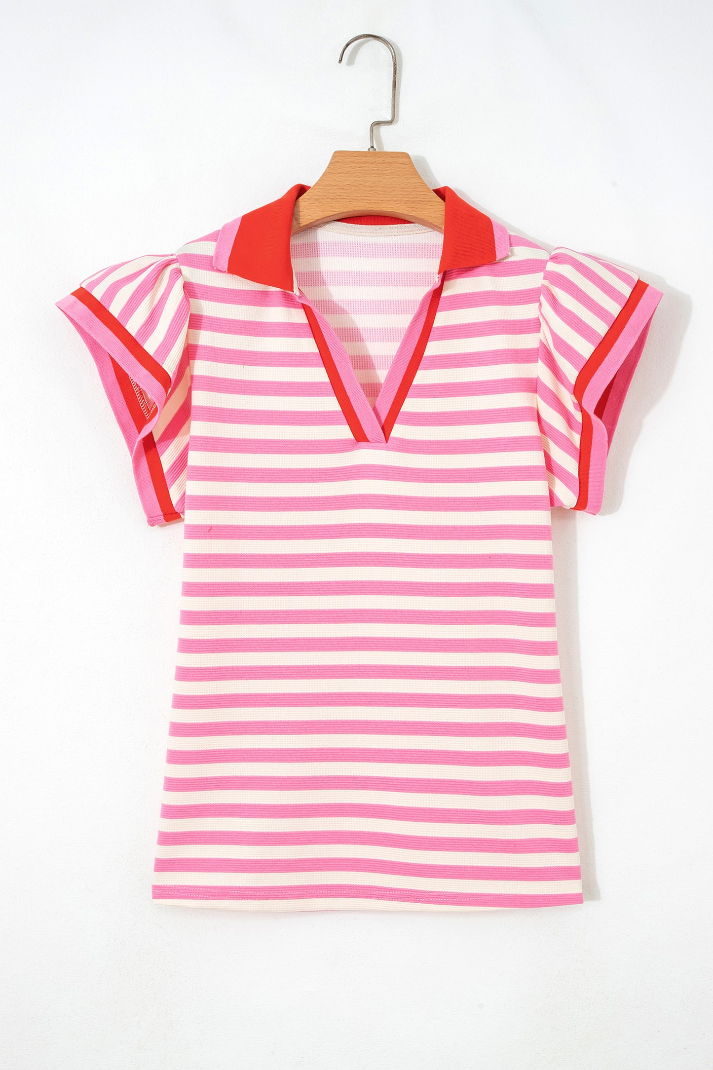 Rose Stripe Contrast Trim Polo Collar Ruffled Short Sleeve Blouse-Tops/Blouses & Shirts-[Adult]-[Female]-2022 Online Blue Zone Planet