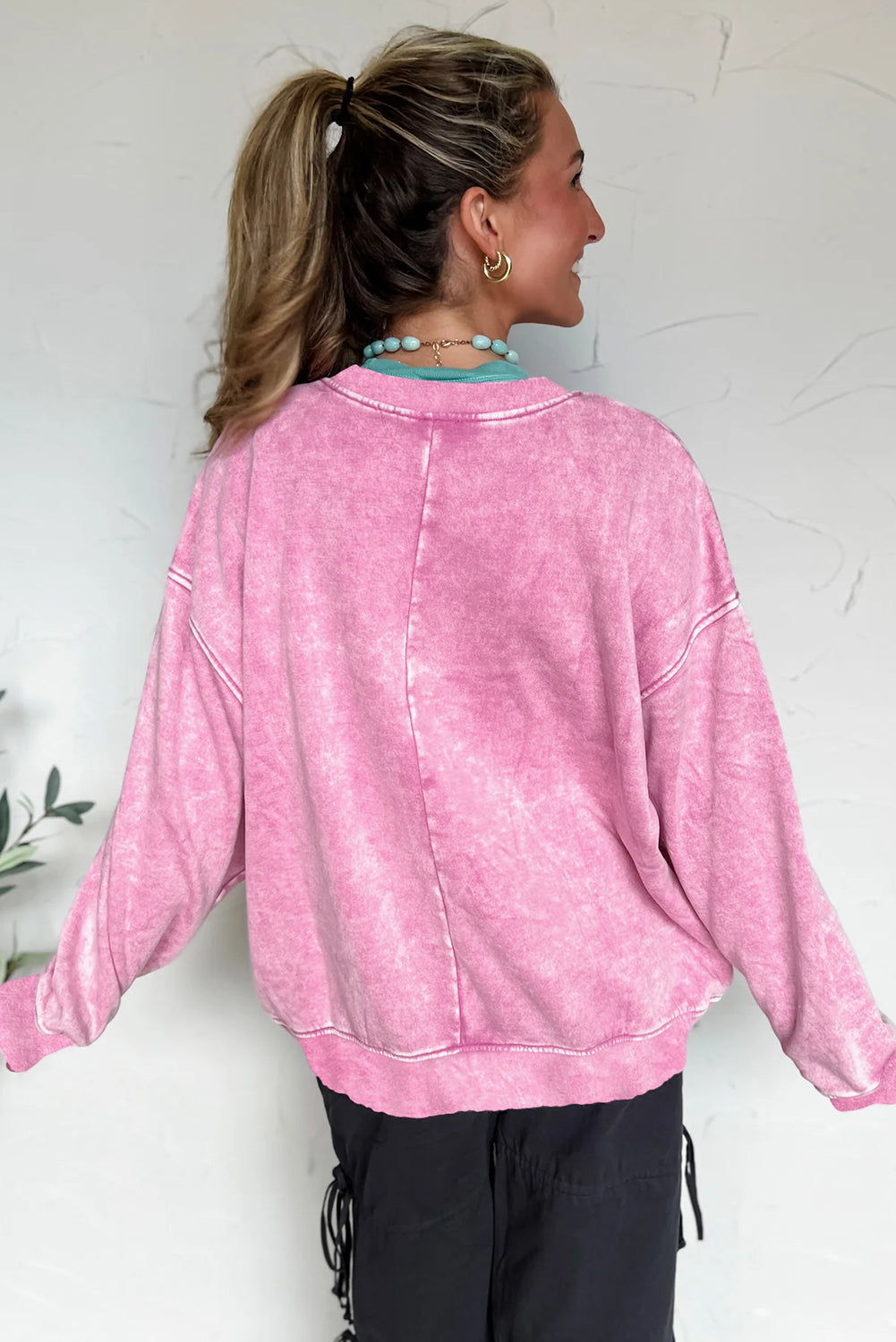 Bright Pink Mineral Wash Crossed Crew Neck Drop Shoulder Loose Sweatshirt-Tops/Sweatshirts & Hoodies-[Adult]-[Female]-2022 Online Blue Zone Planet