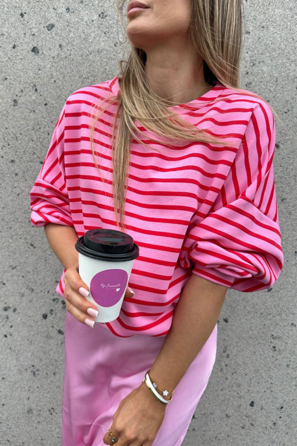 Sachet Pink Striped Print Crew Neck Drop Shoulder Sweatshirt-Tops/Sweatshirts & Hoodies-[Adult]-[Female]-Sachet Pink-S-2022 Online Blue Zone Planet